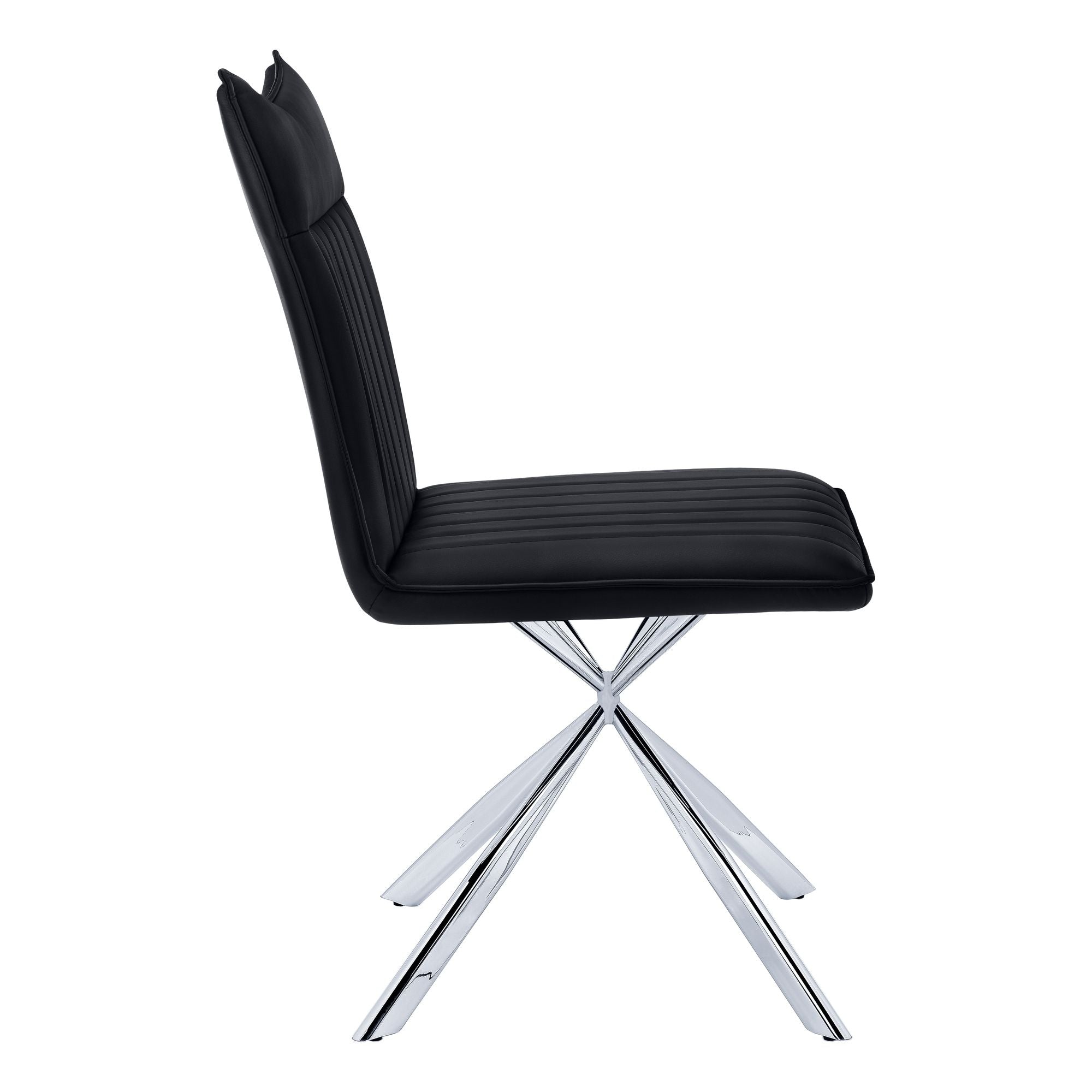 Pair of black leather-look dining chairs with chrome starburst bases by Monarch Specialties, showcasing modern design and sleek style.