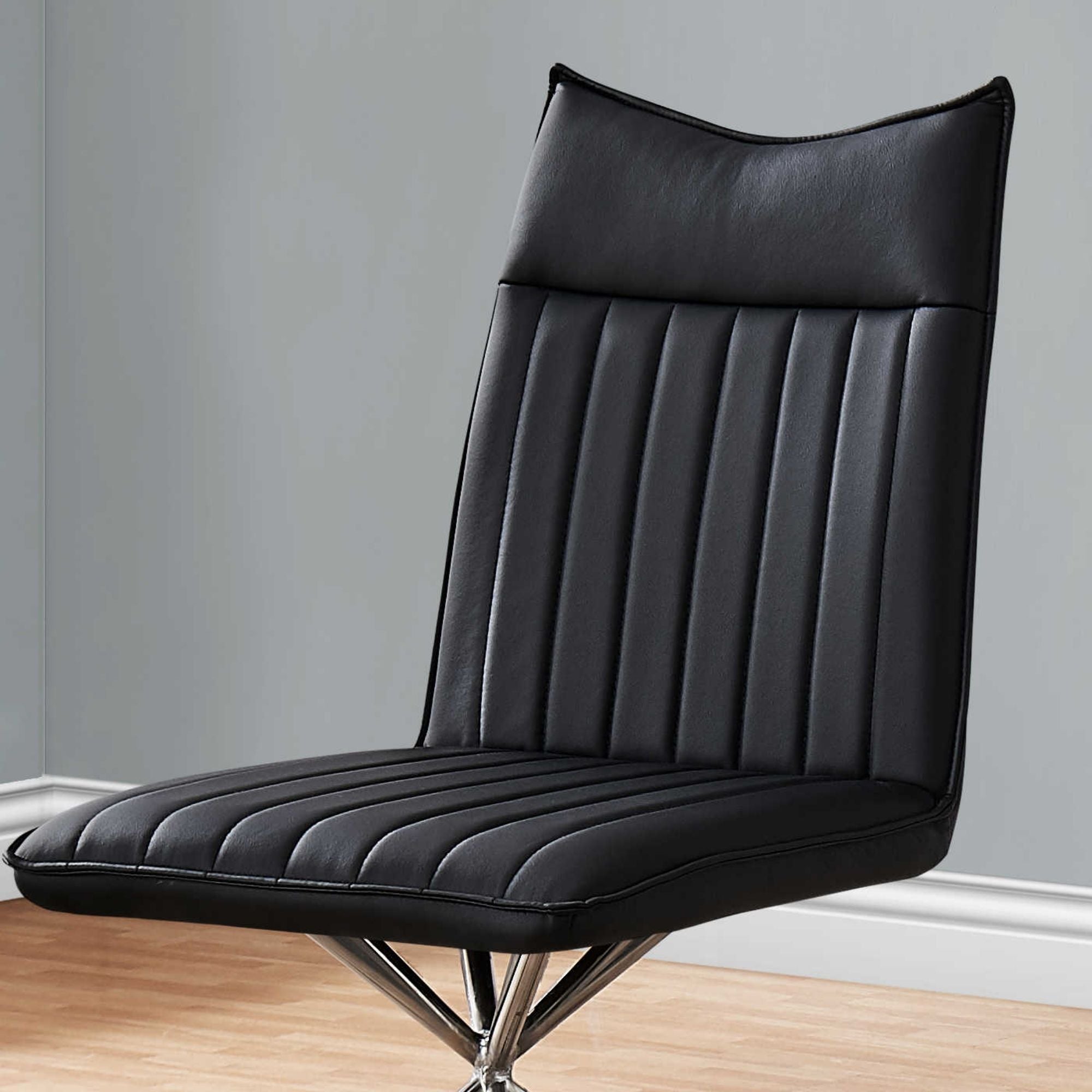 Set of two black leather-look dining chairs with chrome starburst bases by Monarch Specialties, showcasing modern seating design.