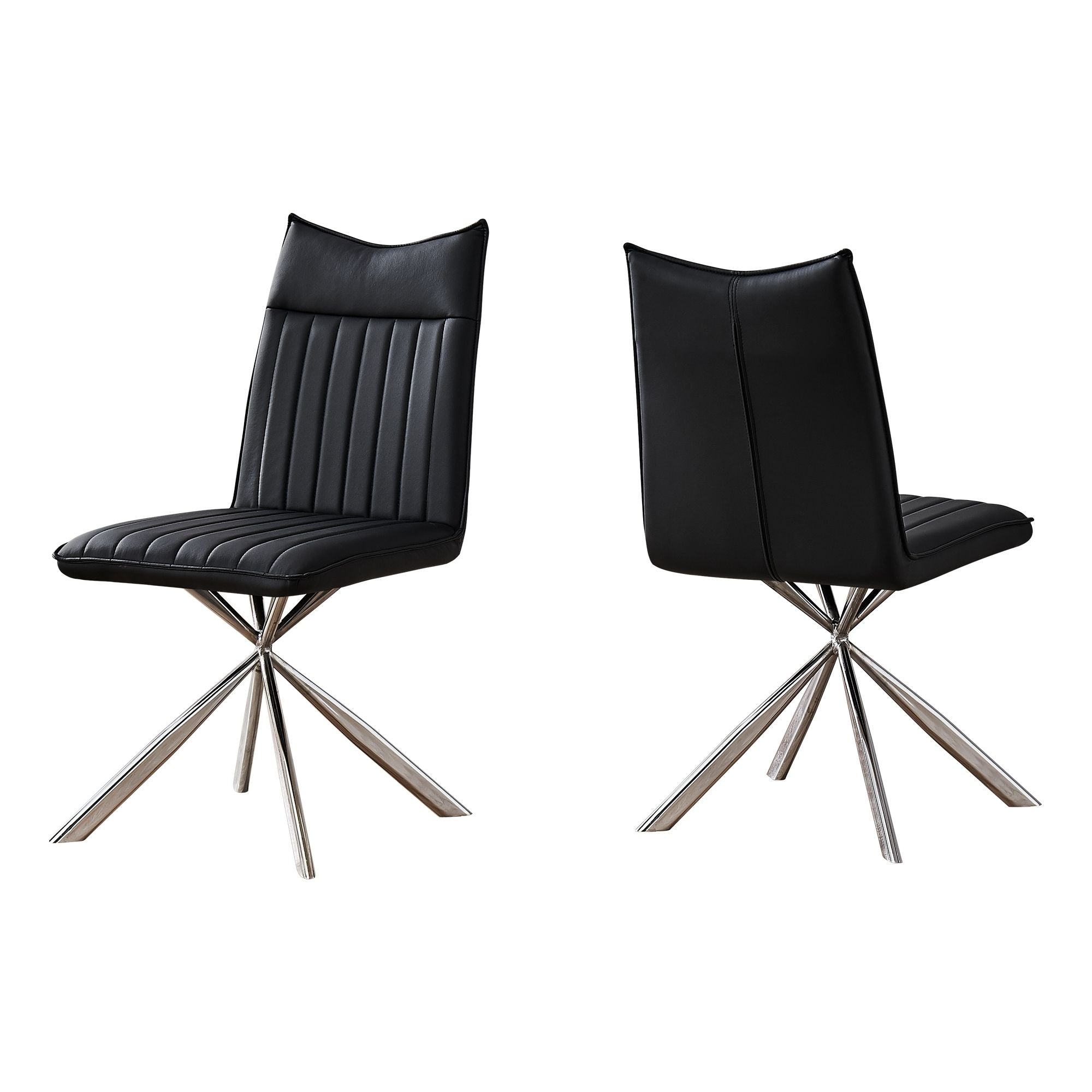 Pair of black leather-look dining chairs with chrome starburst bases by Monarch Specialties, showcasing modern design.