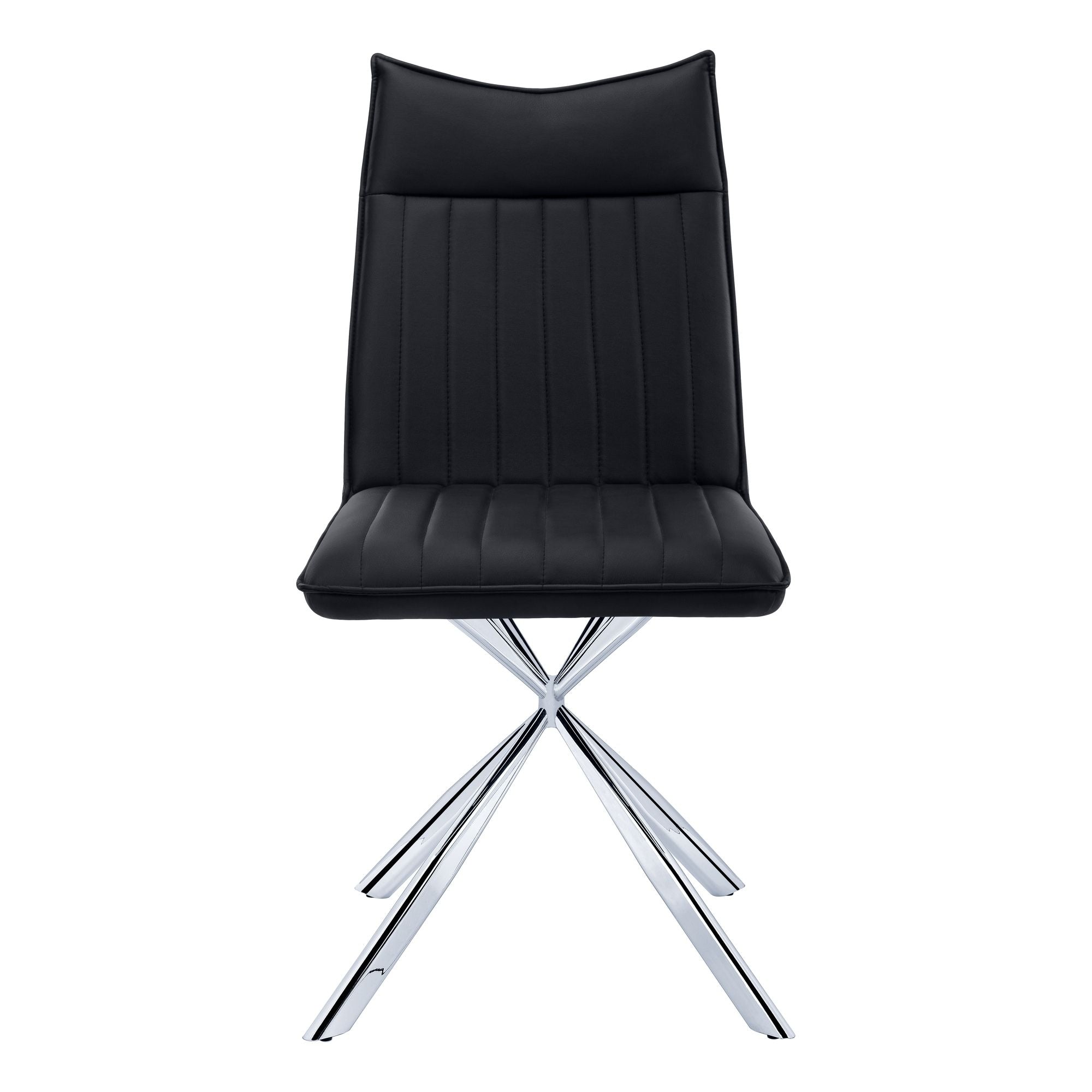 Set of two black leather-look dining chairs with chrome starburst bases by Monarch Specialties.