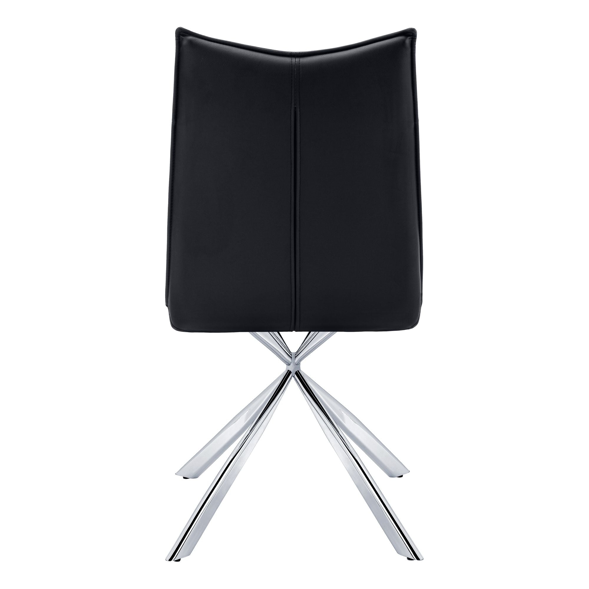 Set of two black leather-look dining chairs with chrome starburst bases by Monarch Specialties, showcasing modern seating design.