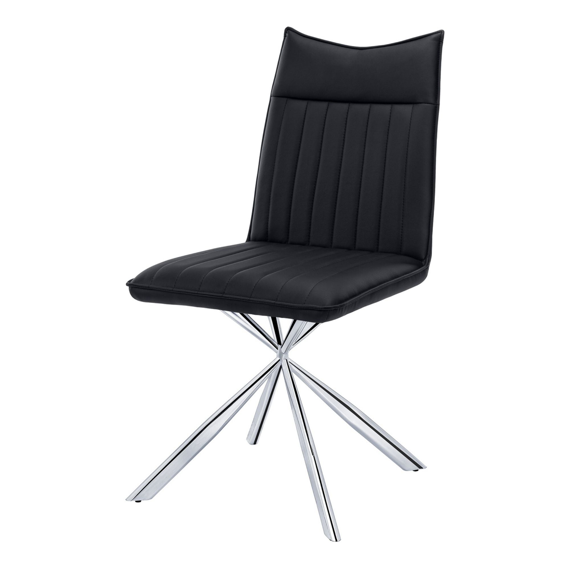 Set of two black leather-look dining chairs with chrome starburst bases by Monarch Specialties, showcasing modern seating design.