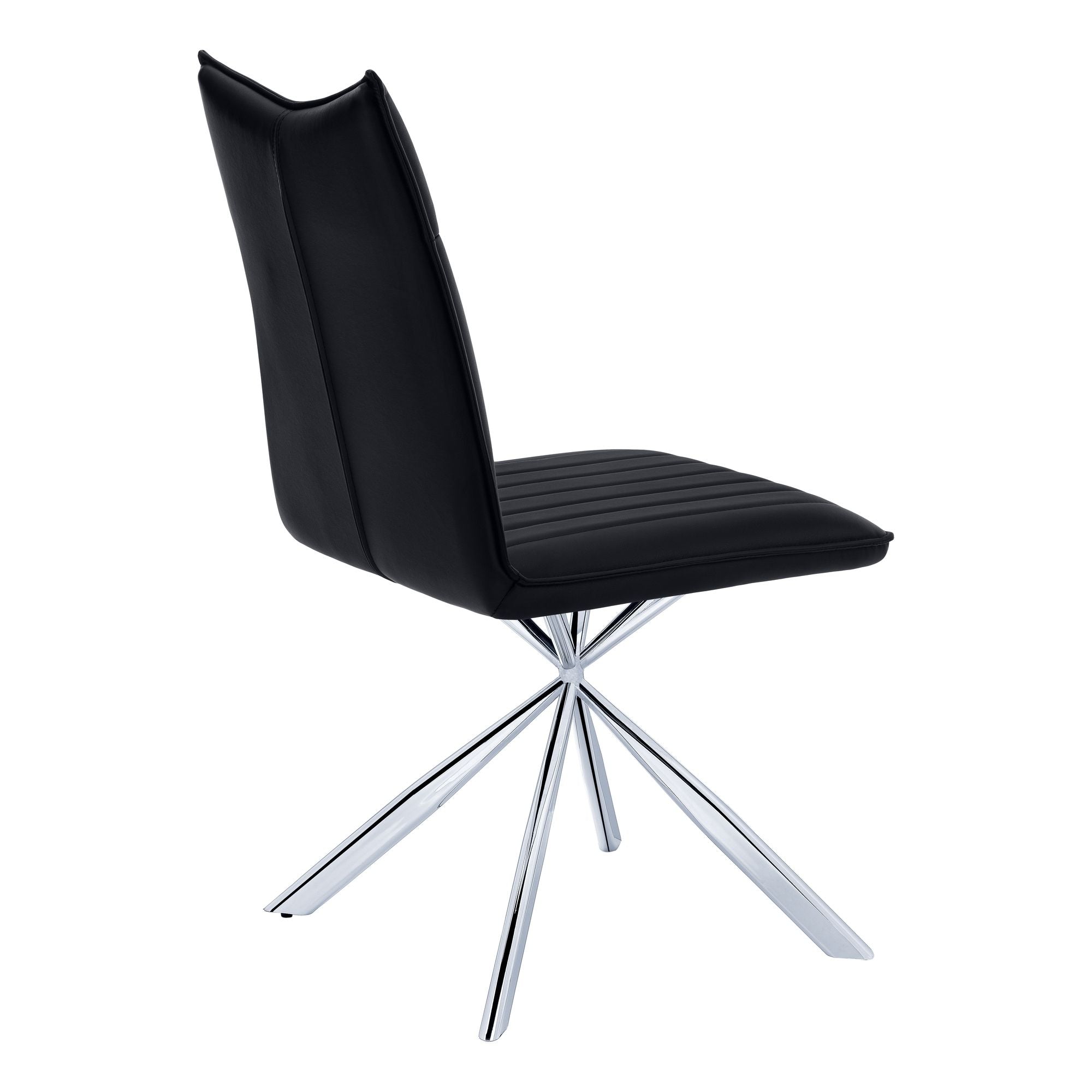 Pair of black leather-look dining chairs with chrome starburst bases from Monarch Specialties, showcasing modern seating design.