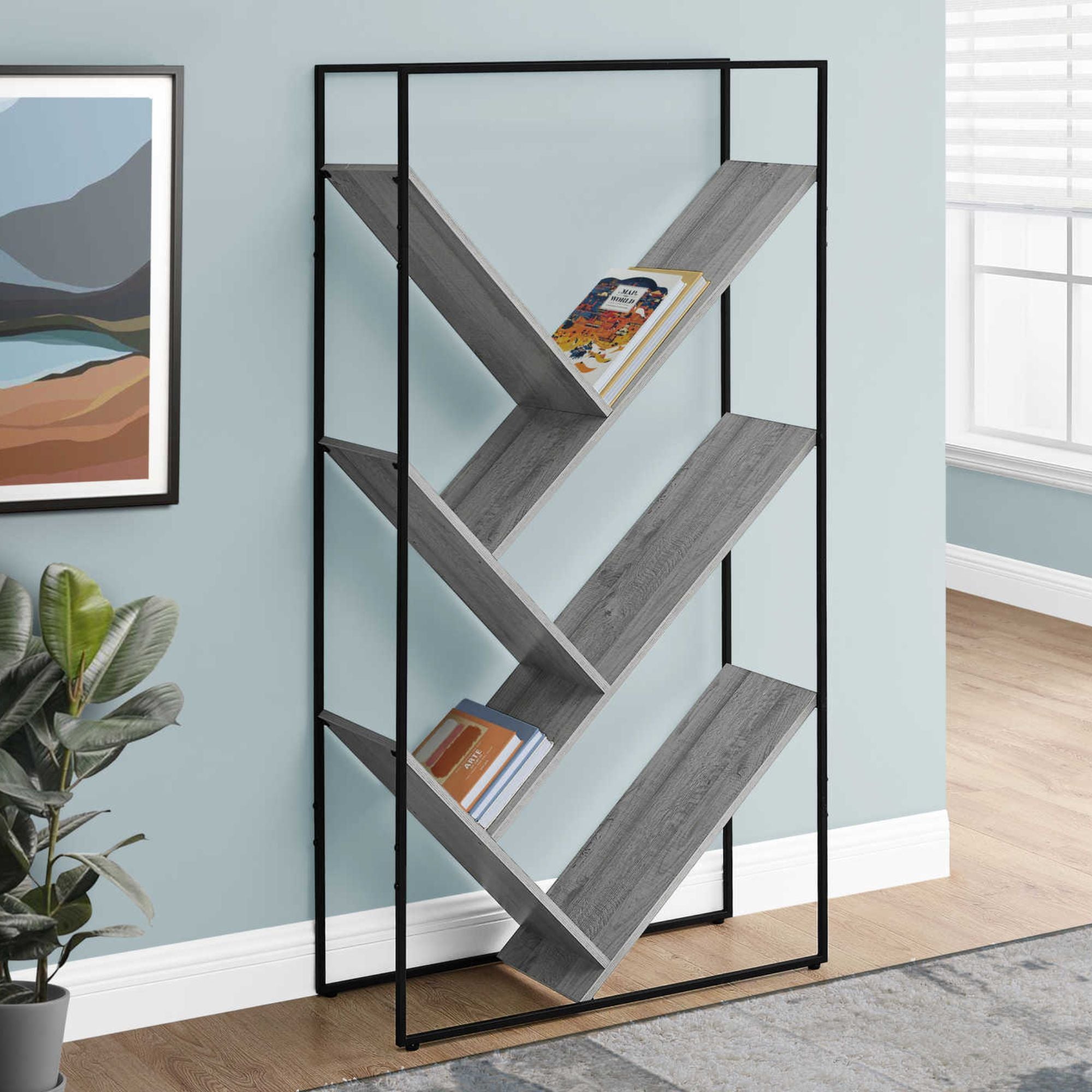Grey and black metal Shelfix 60-inch bookcase with multiple shelves by Monarch Specialties.