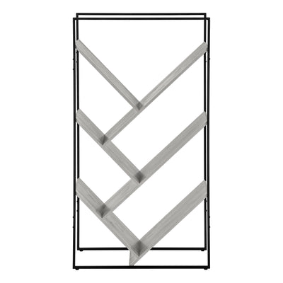 Grey and black metal Shelfix 60-inch bookcase with multiple shelves by Monarch Specialties for stylish storage.