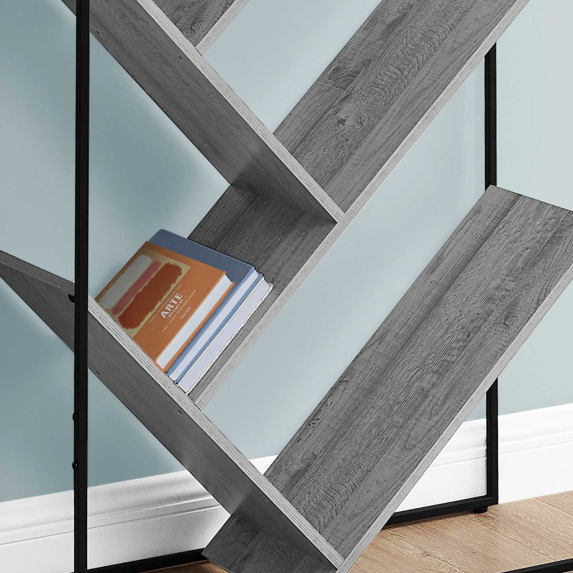 Grey and black metal Shelfix 60-inch bookcase with multiple shelves from Monarch Specialties.