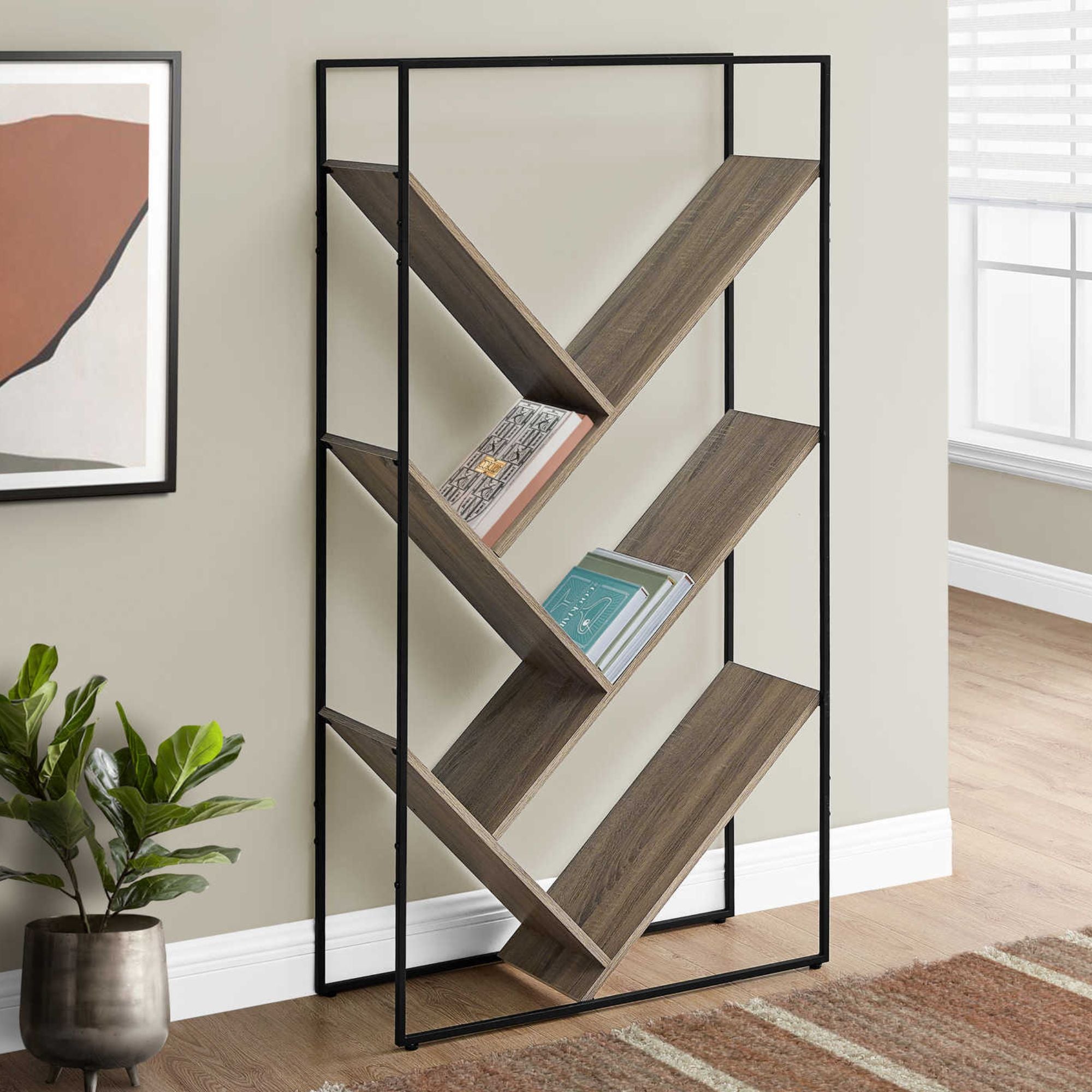 Dark taupe and black metal Monarch Specialties Shelfix 60-inch bookcase with multiple shelves for storage or display.