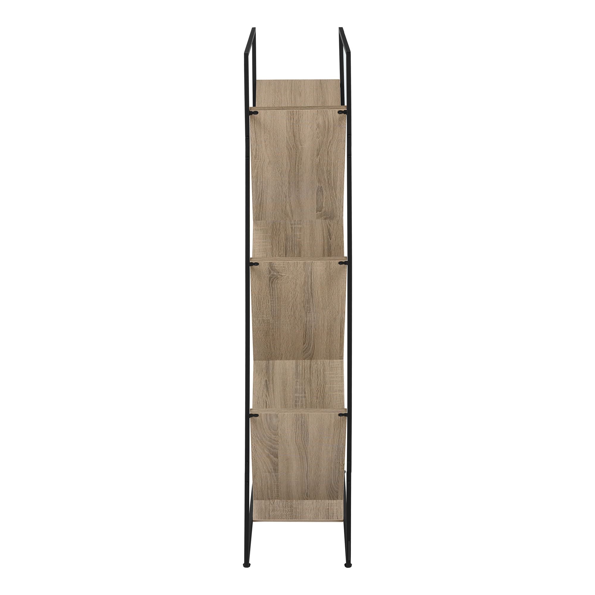 Dark taupe and black metal Monarch Specialties Shelfix 60-inch bookcase with multiple shelves for storage and display.