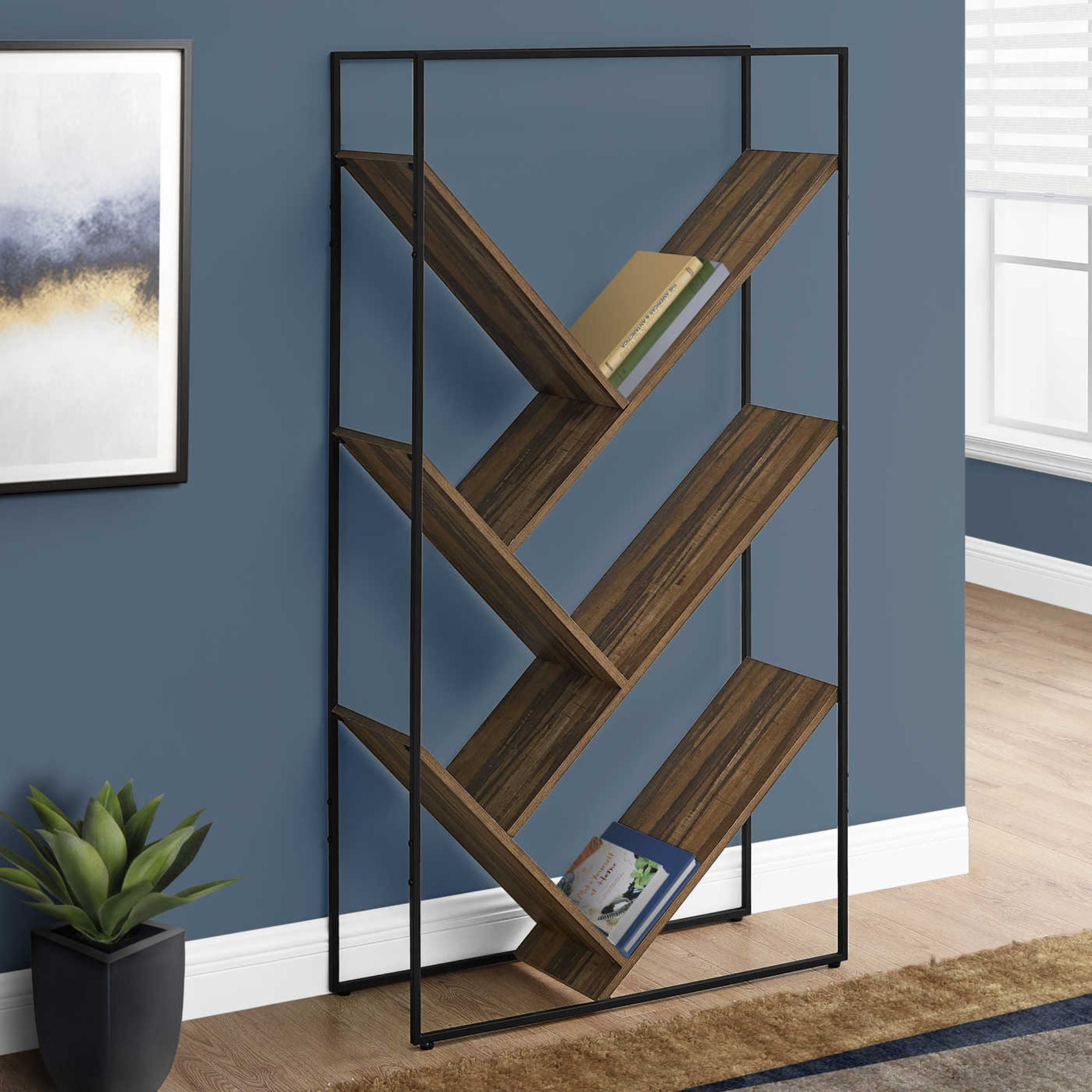 Brown and black metal Shelfix 60-inch tall bookcase with multiple shelves by Monarch Specialties.