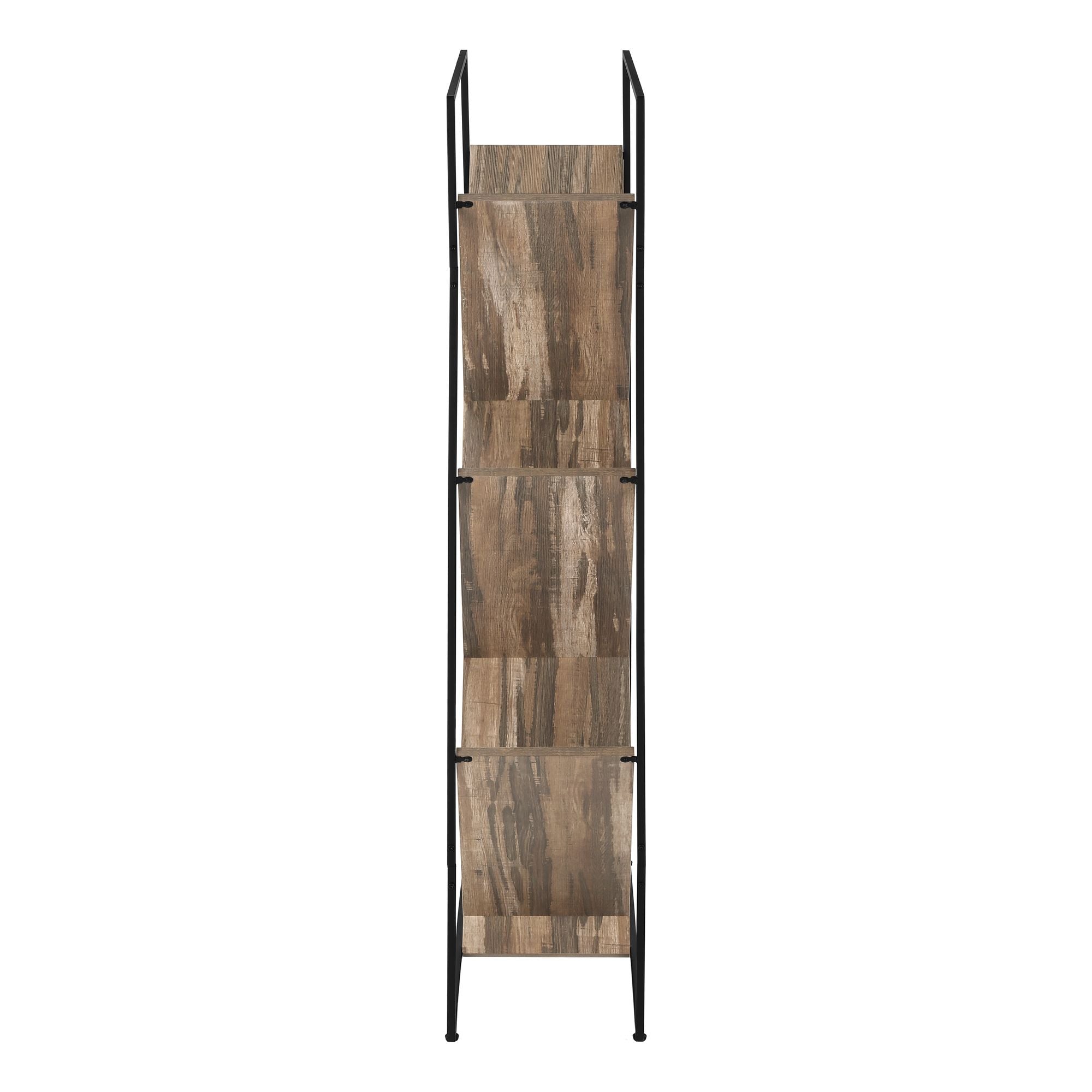 Brown and black metal Shelfix 60-inch bookcase with multiple shelves for storage by Monarch Specialties.