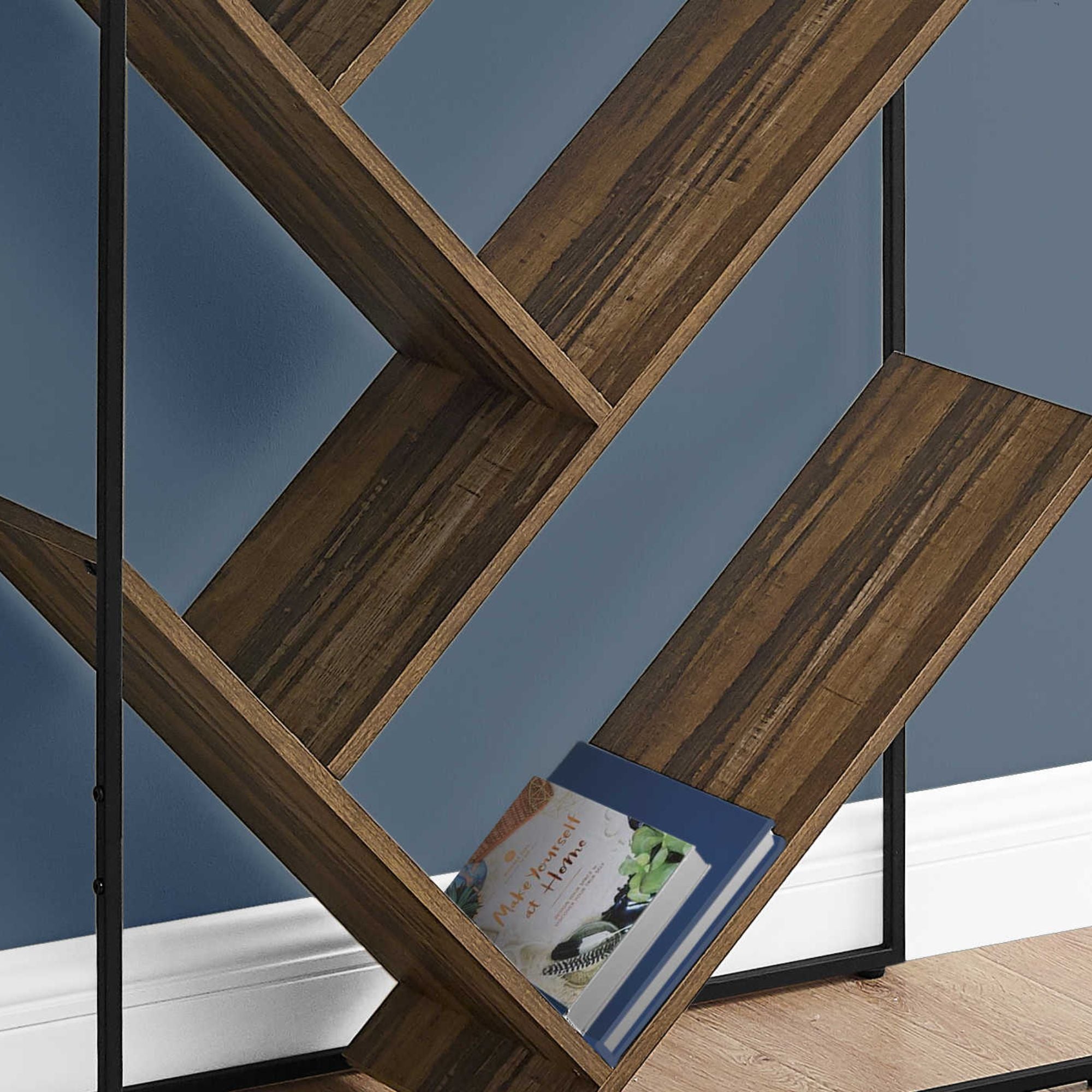 Brown and black metal Monarch Specialties Shelfix 60-inch bookcase with multiple shelves for storage and display.