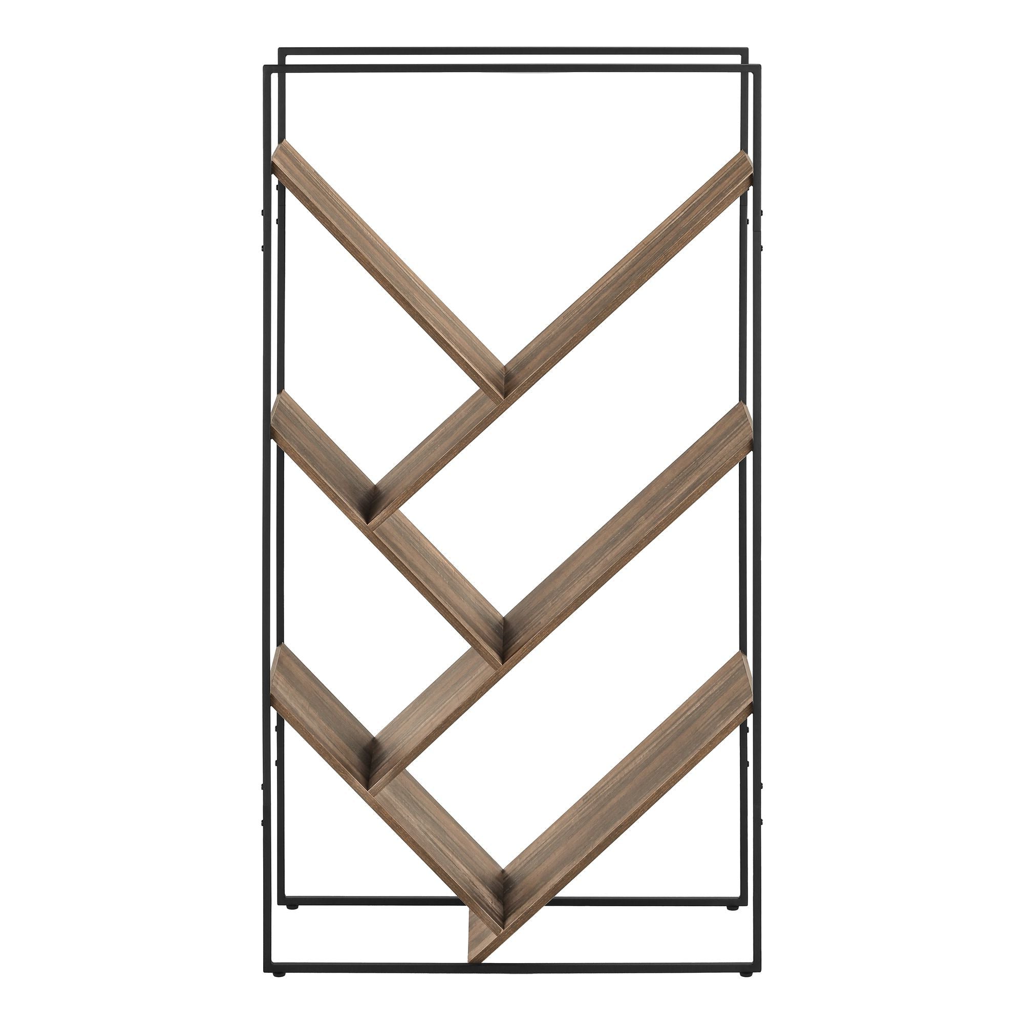 Brown and black metal Shelfix 60-inch bookcase by Monarch Specialties with multiple shelves for storage and display.
