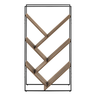 Brown and black metal Shelfix 60-inch bookcase by Monarch Specialties with multiple shelves for storage and display.