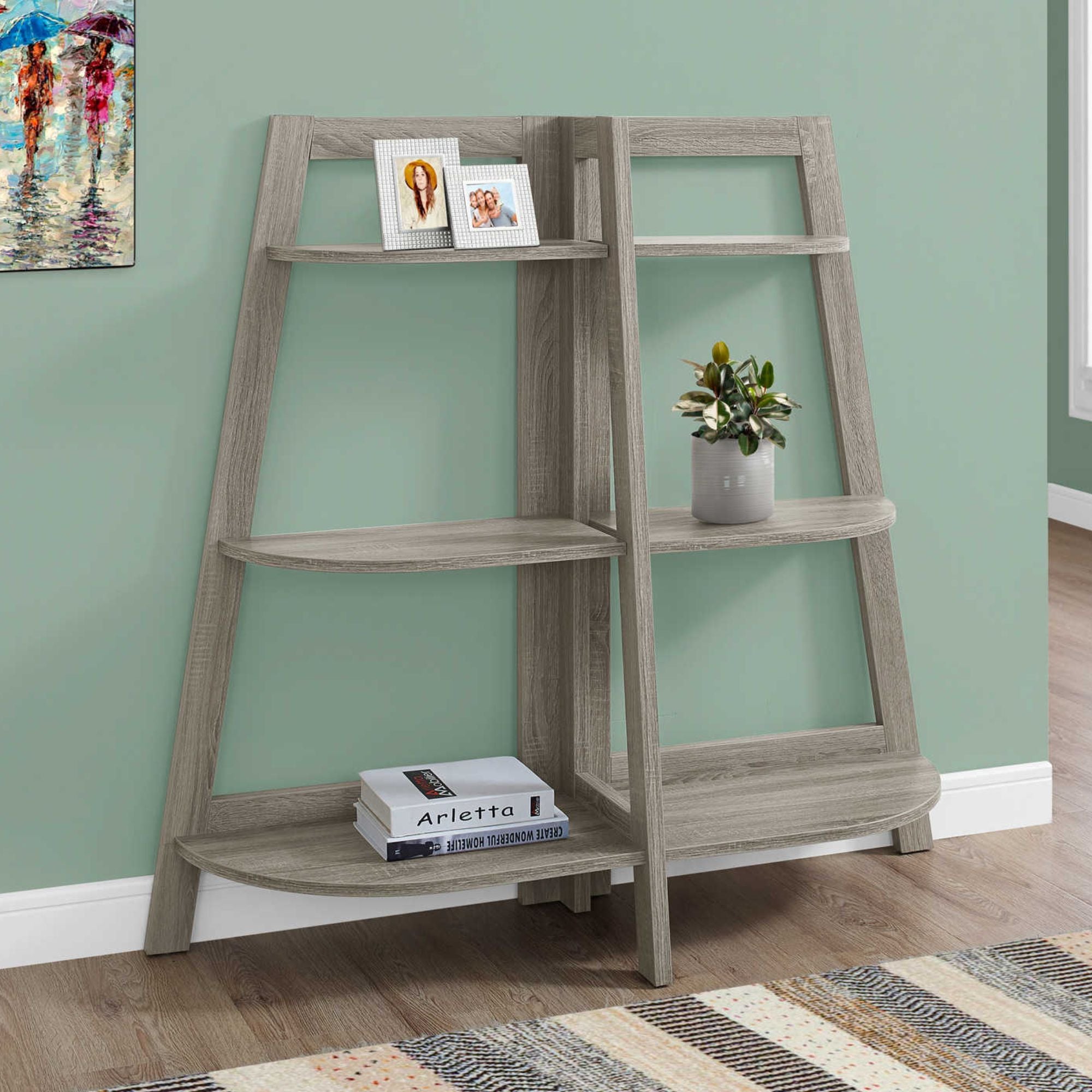 Monarch Specialties Opulor 48-inch high accent bookcase with open shelves and a modern design, shown with decorative items.