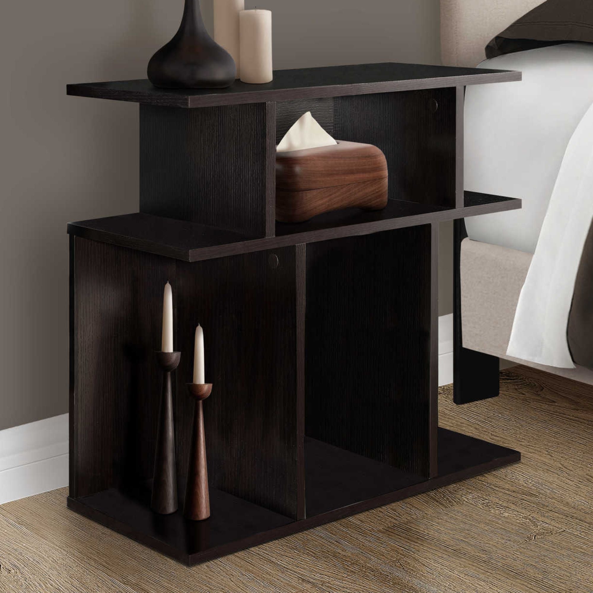 Monarch Specialties Espresso nightstand with open shelves, featuring a modern design and sleek finish, ideal for bedroom storage.