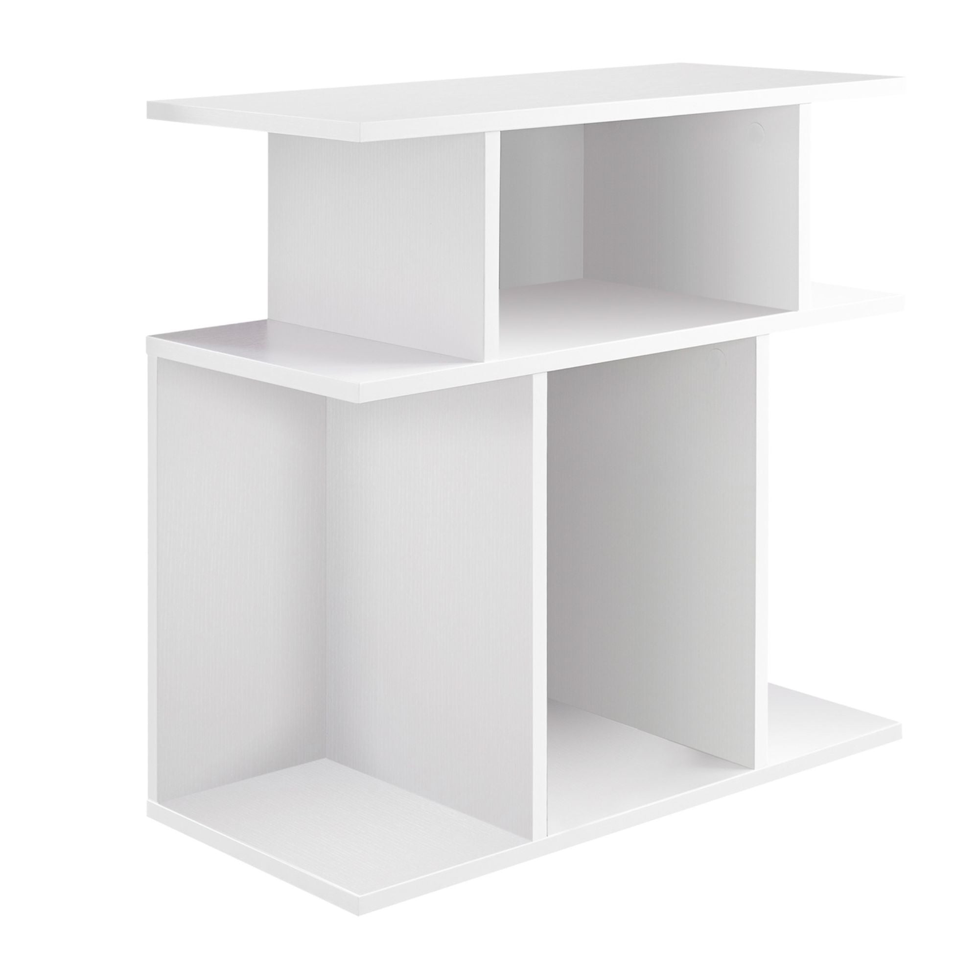 White Monarch Specialties nightstand with open shelves, modern design, and sleek wood finish for bedroom storage.