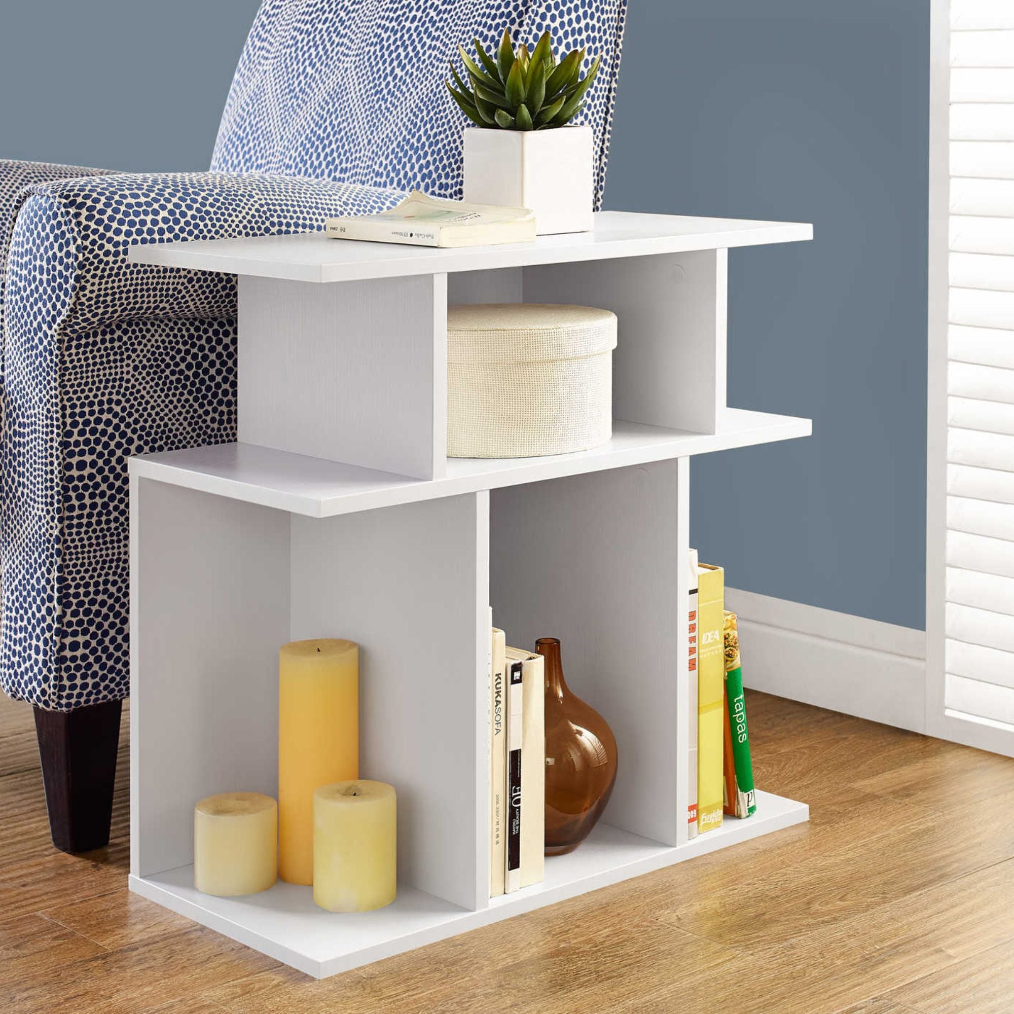 White Monarch Specialties nightstand with open shelves, featuring a modern design and clean lines, ideal for bedroom storage.
