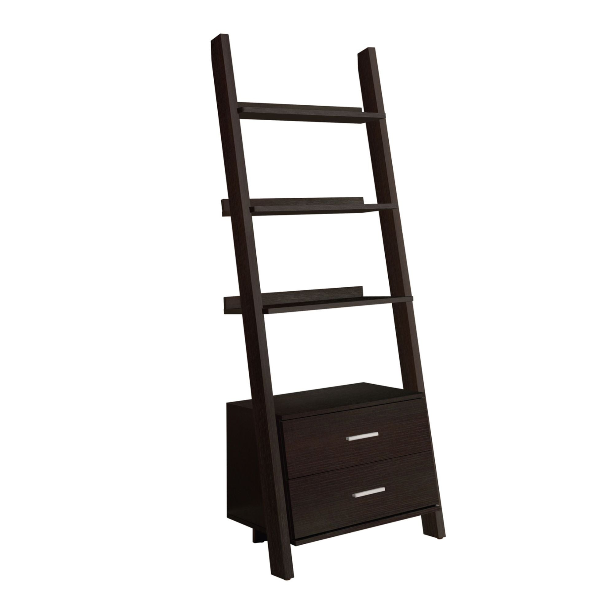 Espresso ladder bookcase by Monarch Specialties with 69-inch height and two storage drawers, showcasing a modern wood design.
