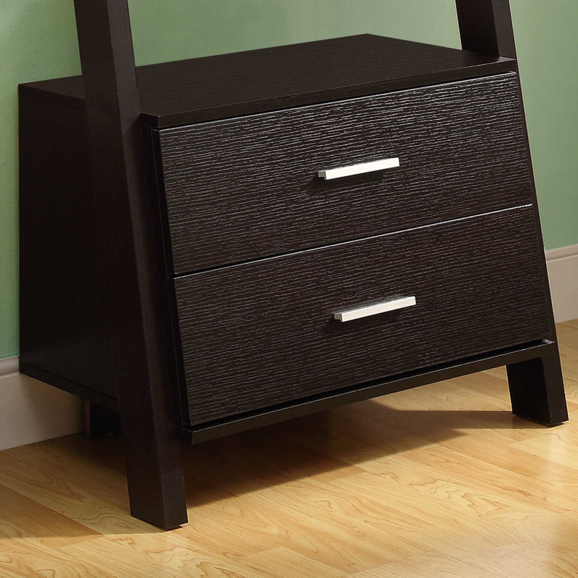Espresso ladder bookcase by Monarch Specialties with 69-inch height, two storage drawers, and open shelving for books and decor.