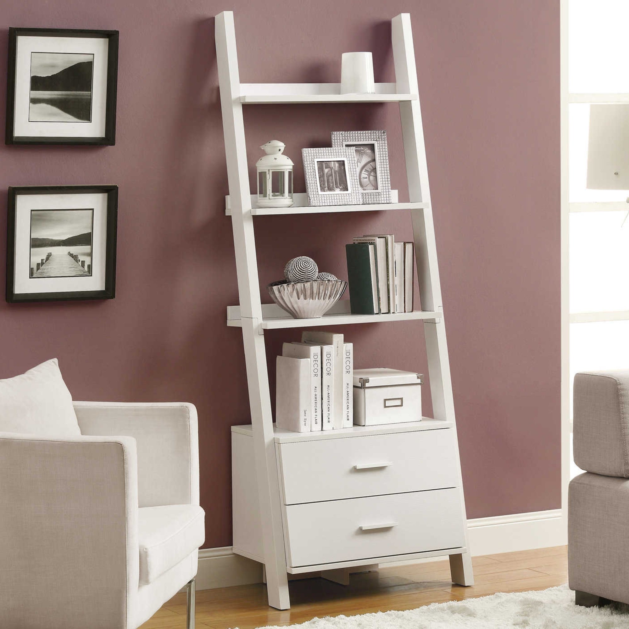 White 69-inch ladder bookcase with two storage drawers by Monarch Specialties, featuring open shelves for books and decor.