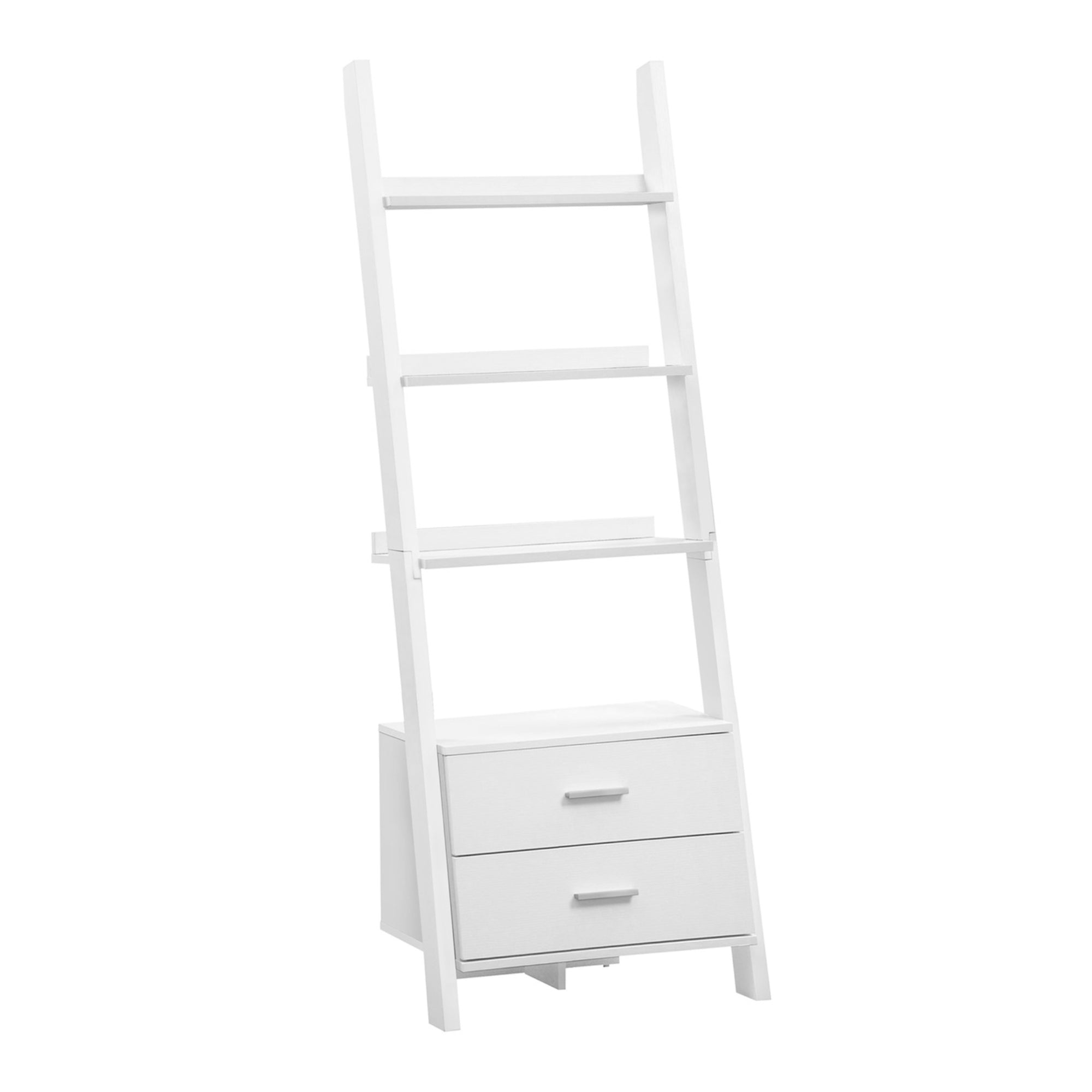 White 69-inch ladder bookcase with two storage drawers from Monarch Specialties, featuring open shelves and sleek design.