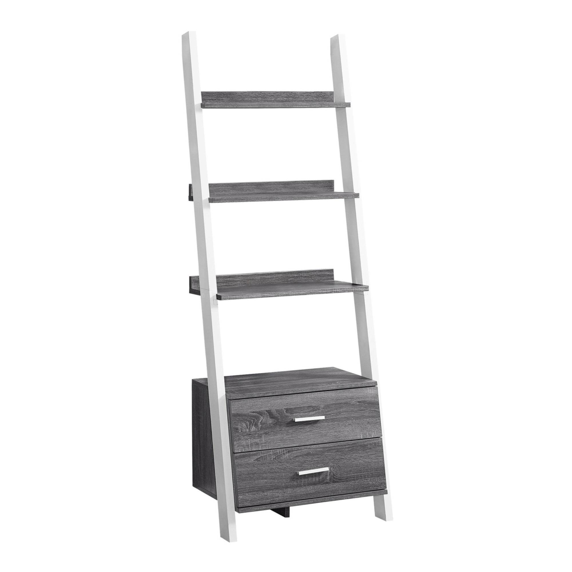 Grey ladder bookcase by Monarch Specialties with 2 storage drawers, 69 inches tall, featuring open shelves and modern design.