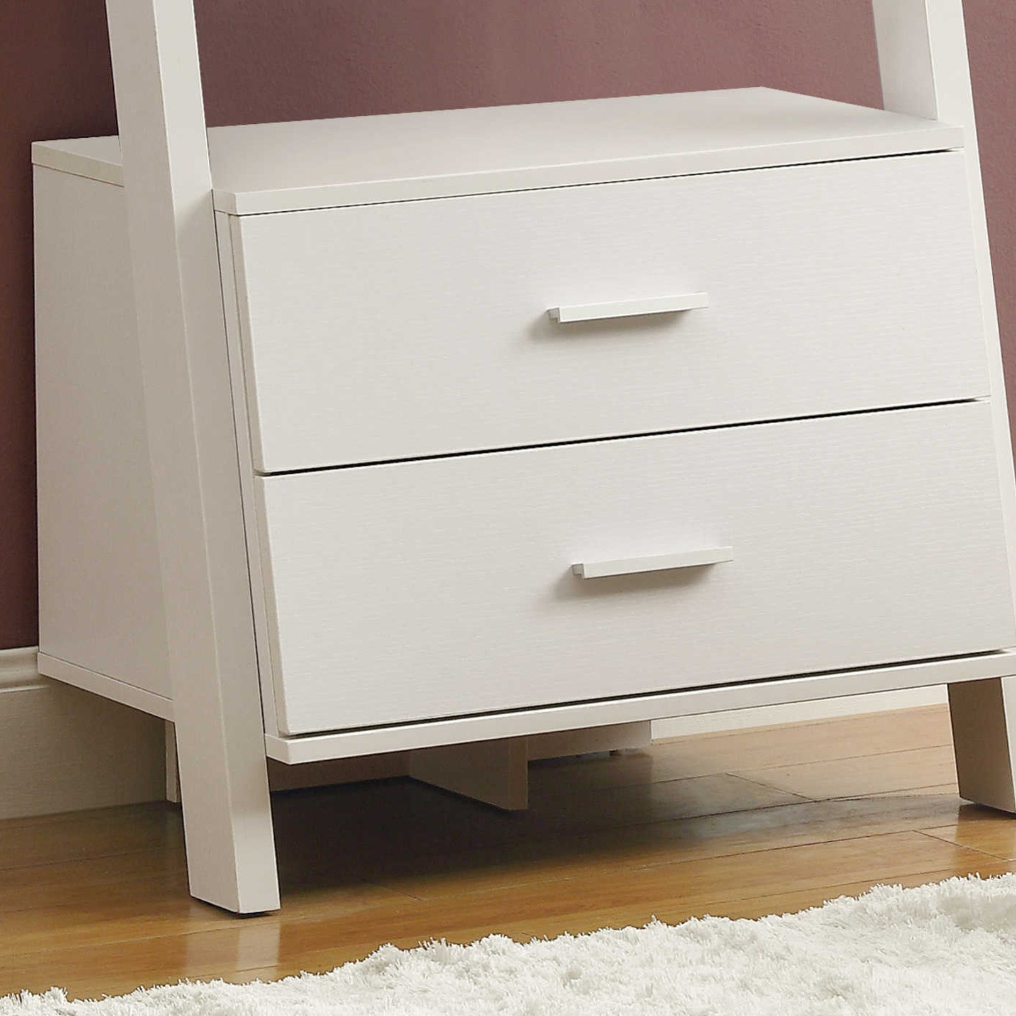 White 69-inch ladder bookcase with two storage drawers by Monarch Specialties, showcasing open shelves and sleek design.