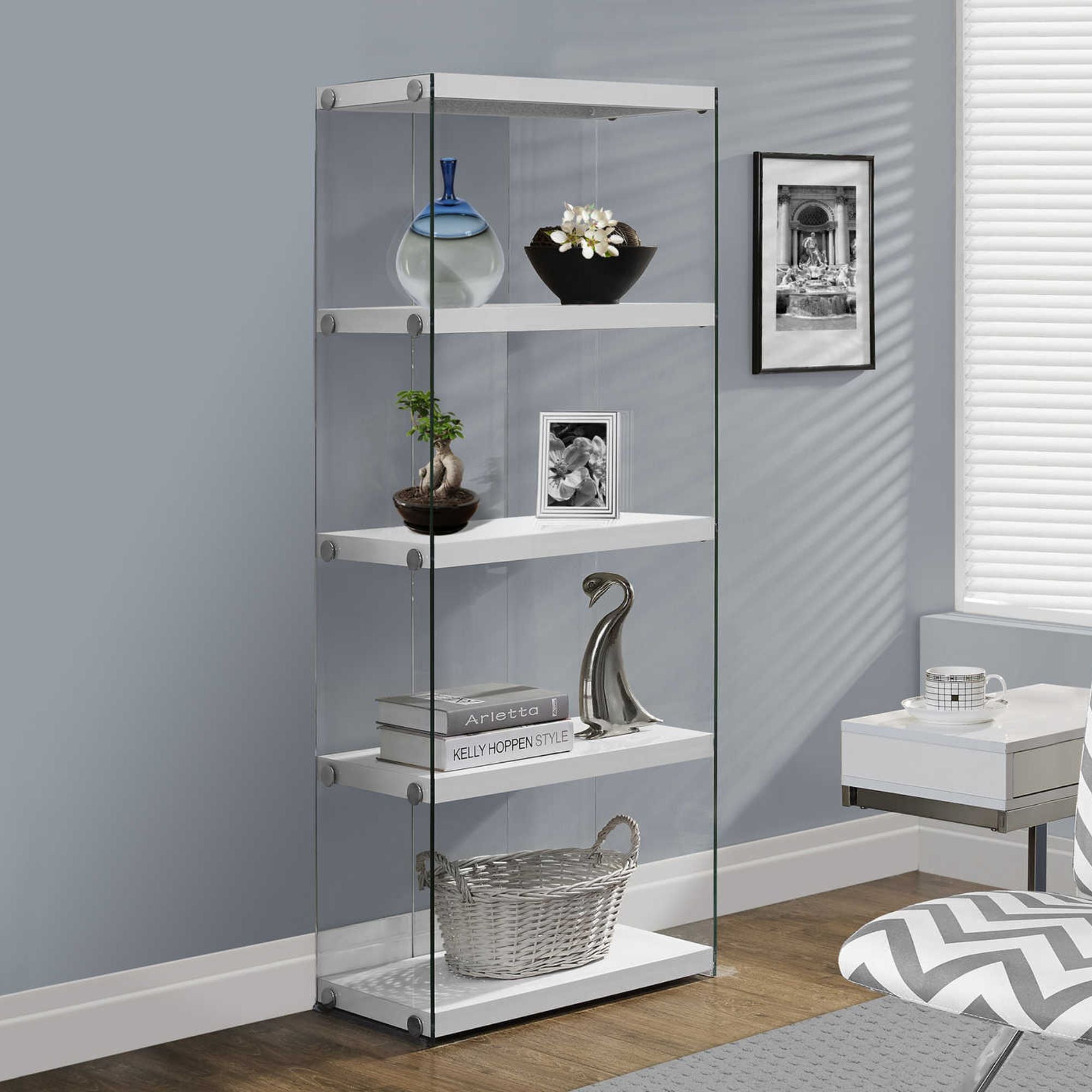 Racken 60-inch glossy white bookcase with tempered glass shelves by Monarch Specialties, showcasing a modern storage design.