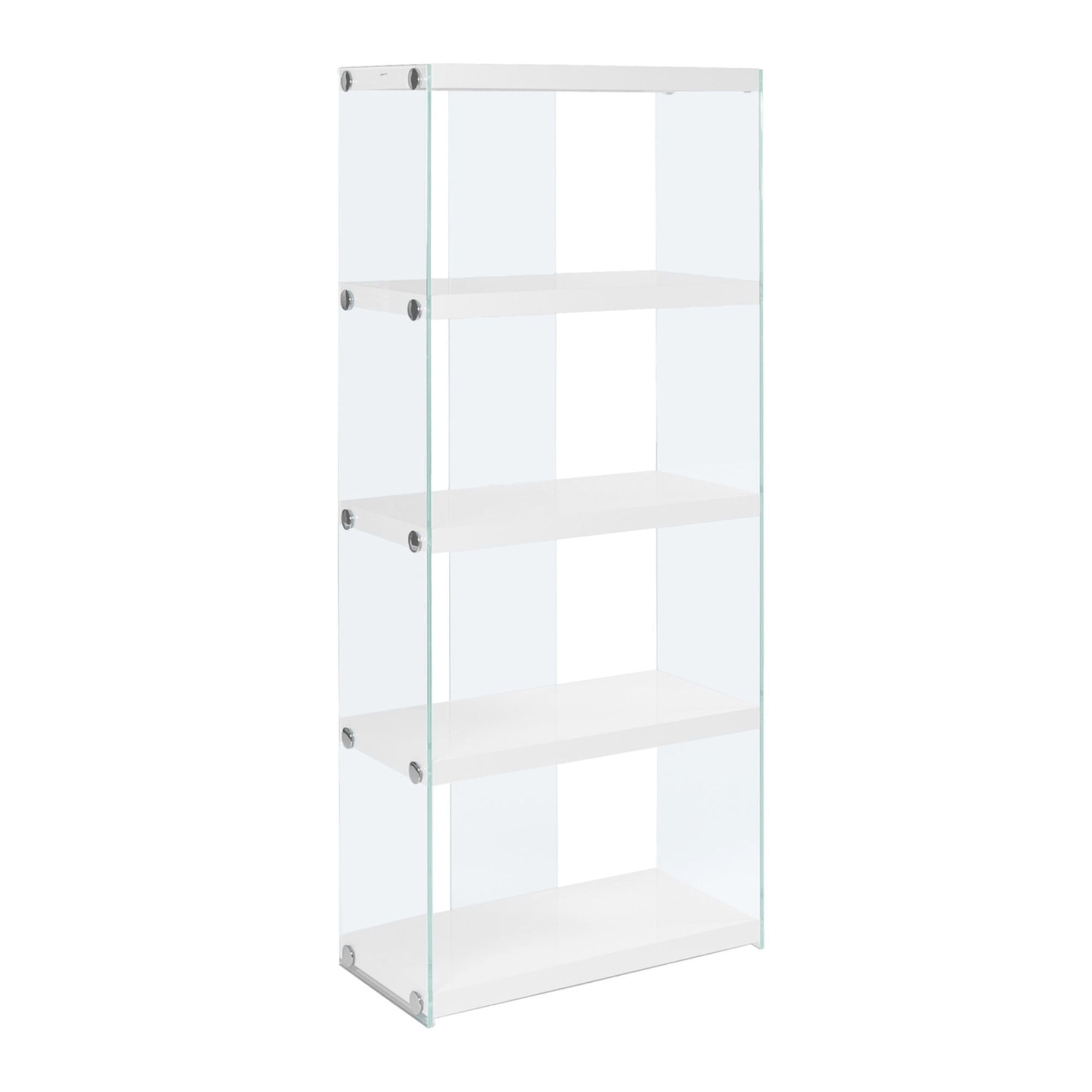Racken 60-inch tall glossy white bookcase with tempered glass shelves by Monarch Specialties, showcasing modern storage design.