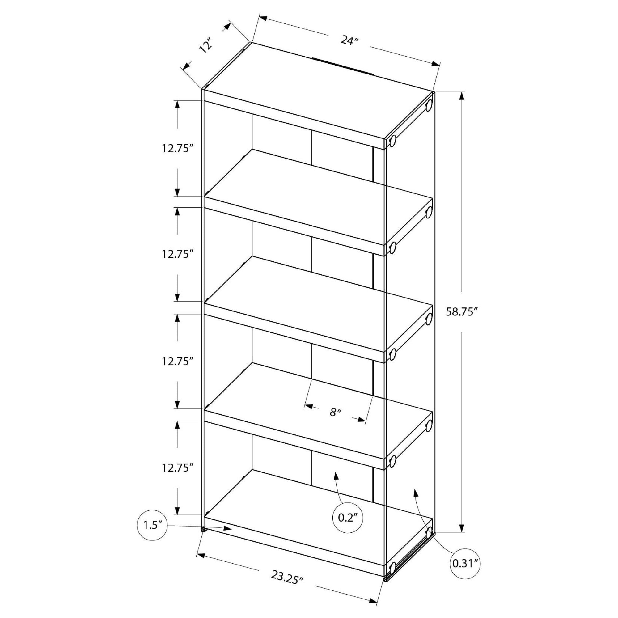 Racken 60-inch white glossy bookcase with tempered glass shelves by Monarch Specialties, showcasing modern storage design.