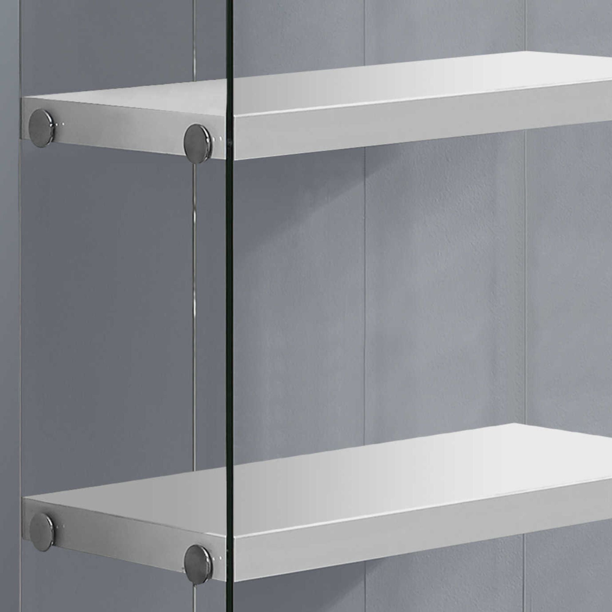 Racken 60-inch glossy white bookcase with tempered glass shelves, Monarch Specialties, showcasing a modern storage unit.