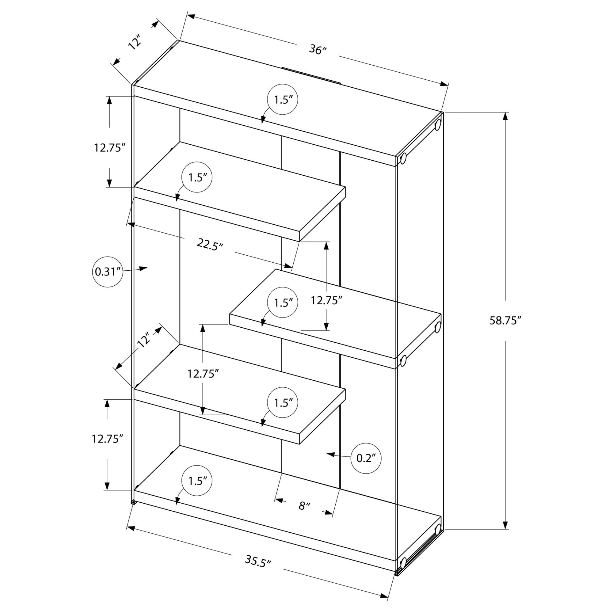 Monarch Specialties Cubiq 60-inch glossy white bookcase with tempered glass shelves, modern storage with sleek design