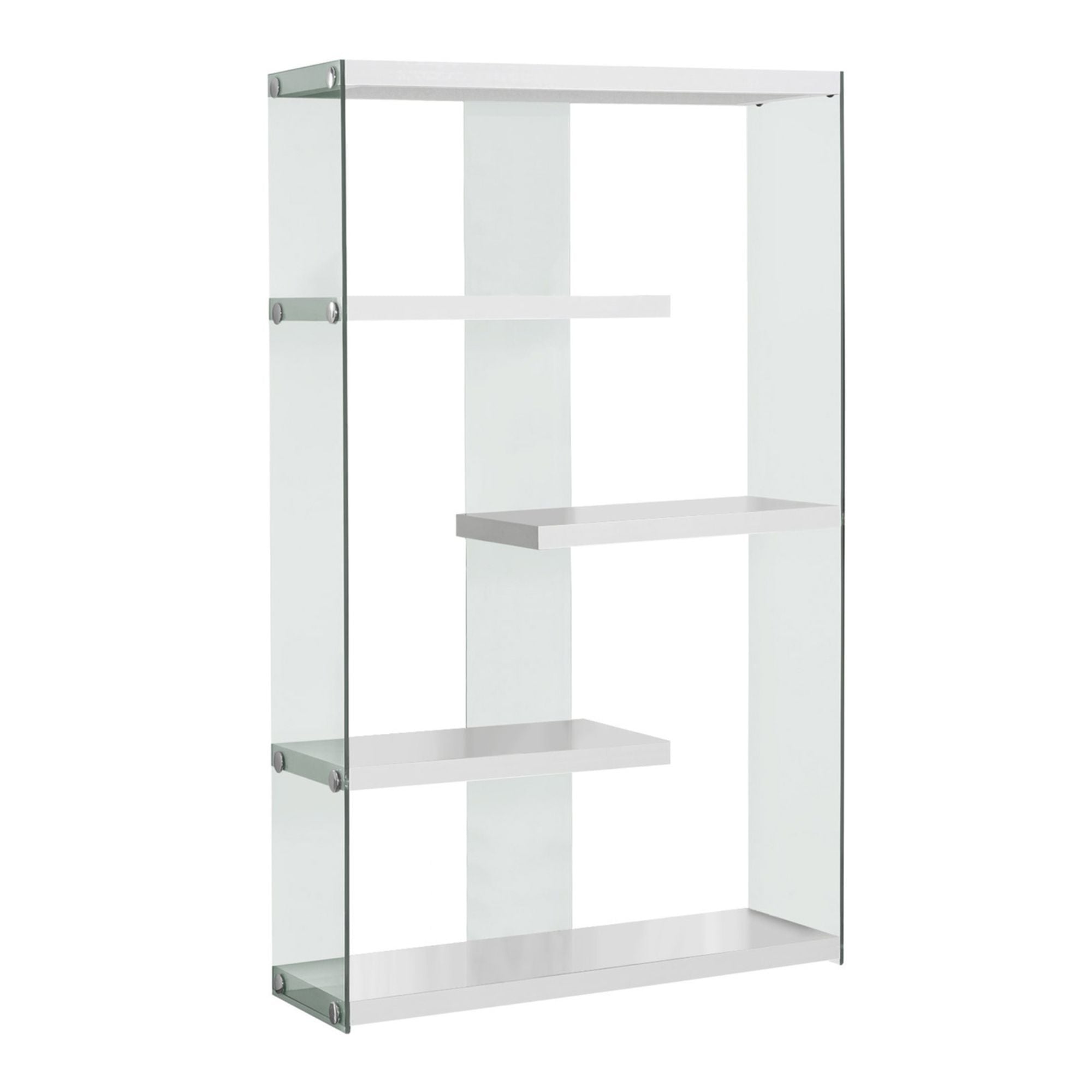 Monarch Specialties Cubiq 60-inch glossy white bookcase with tempered glass shelves, modern storage for living or office space.