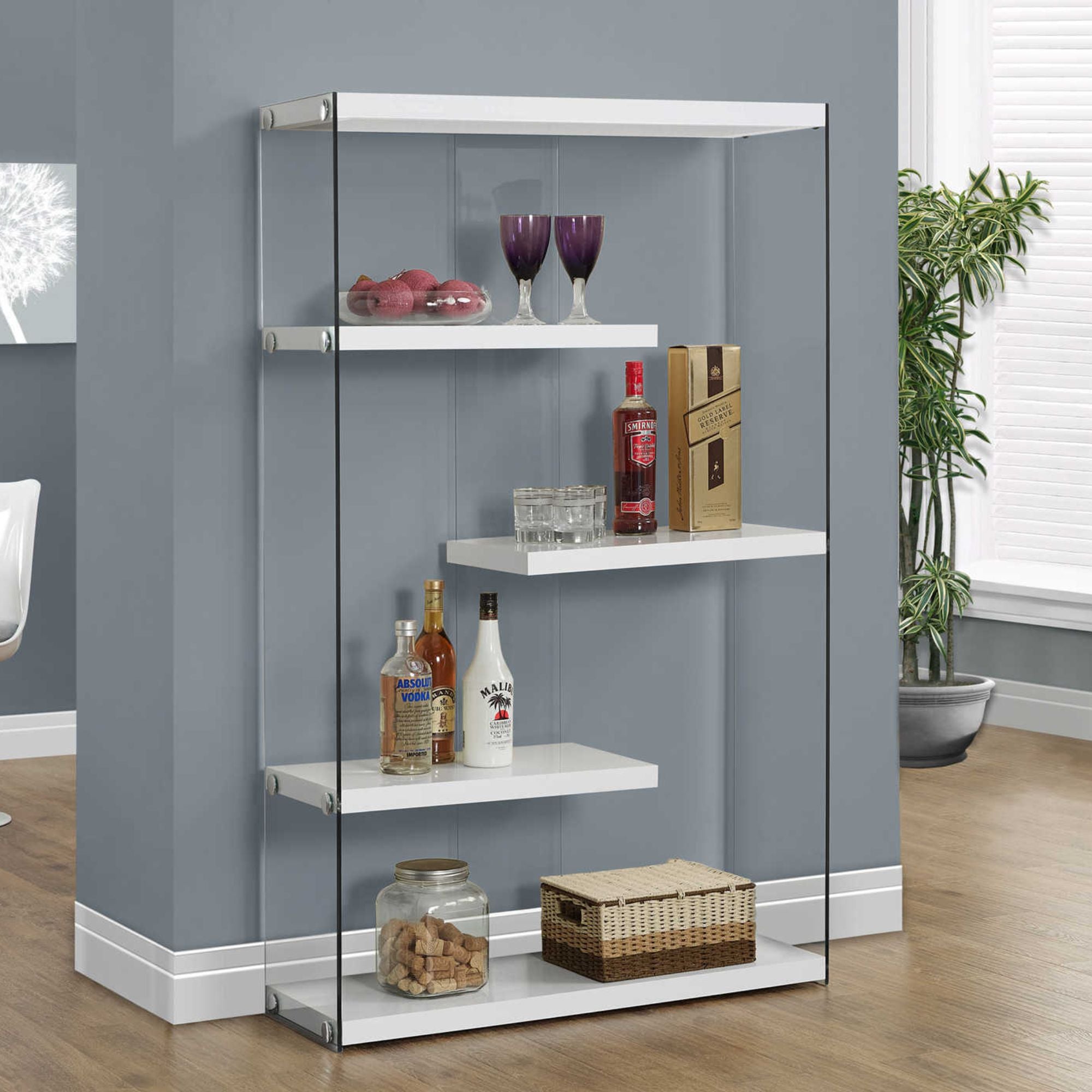 Monarch Specialties Cubiq 60-inch tall glossy white bookcase with tempered glass shelves, modern storage for living or office spaces.