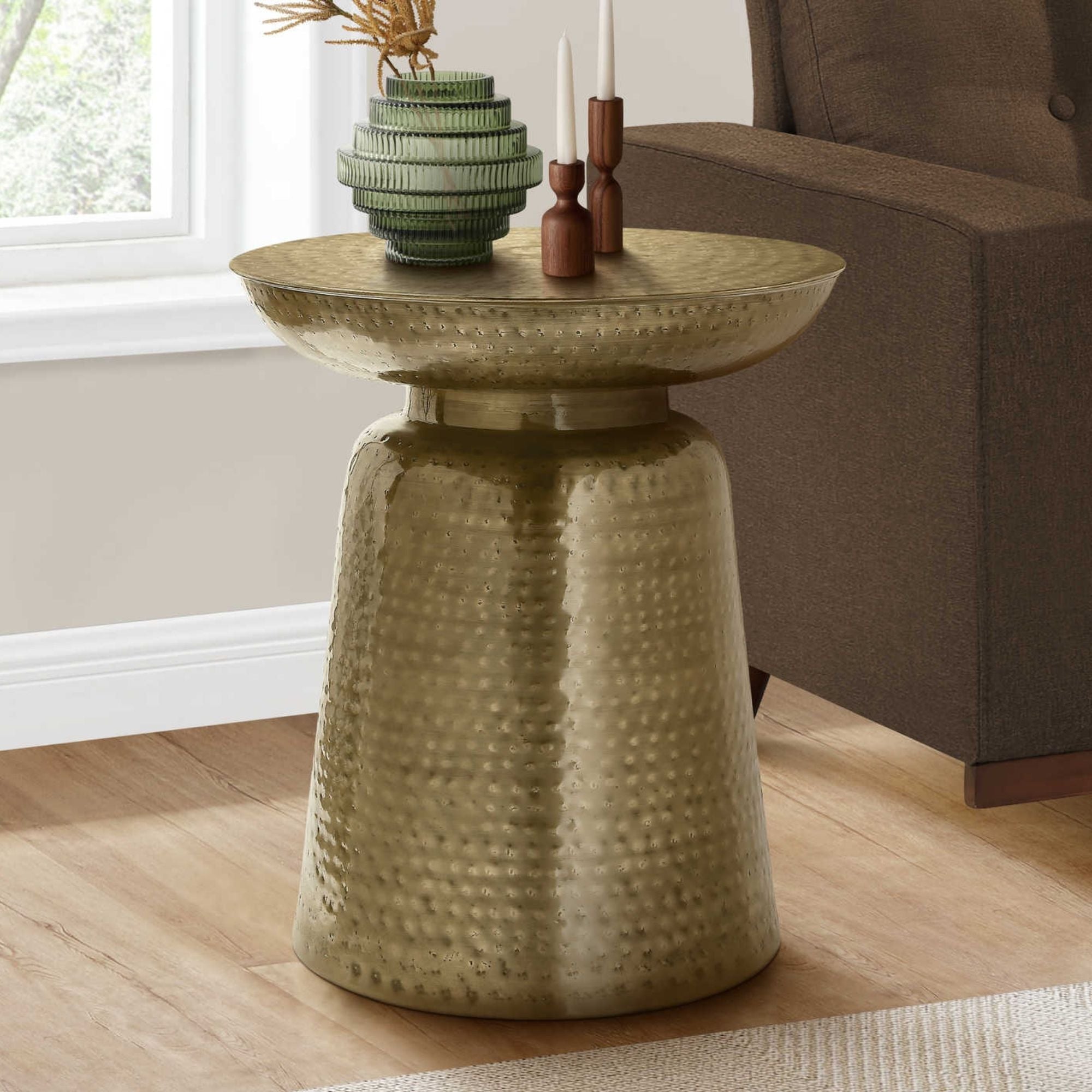 Golden Orvian Accent Table by Monarch Specialties featuring a sleek round top and modern design.