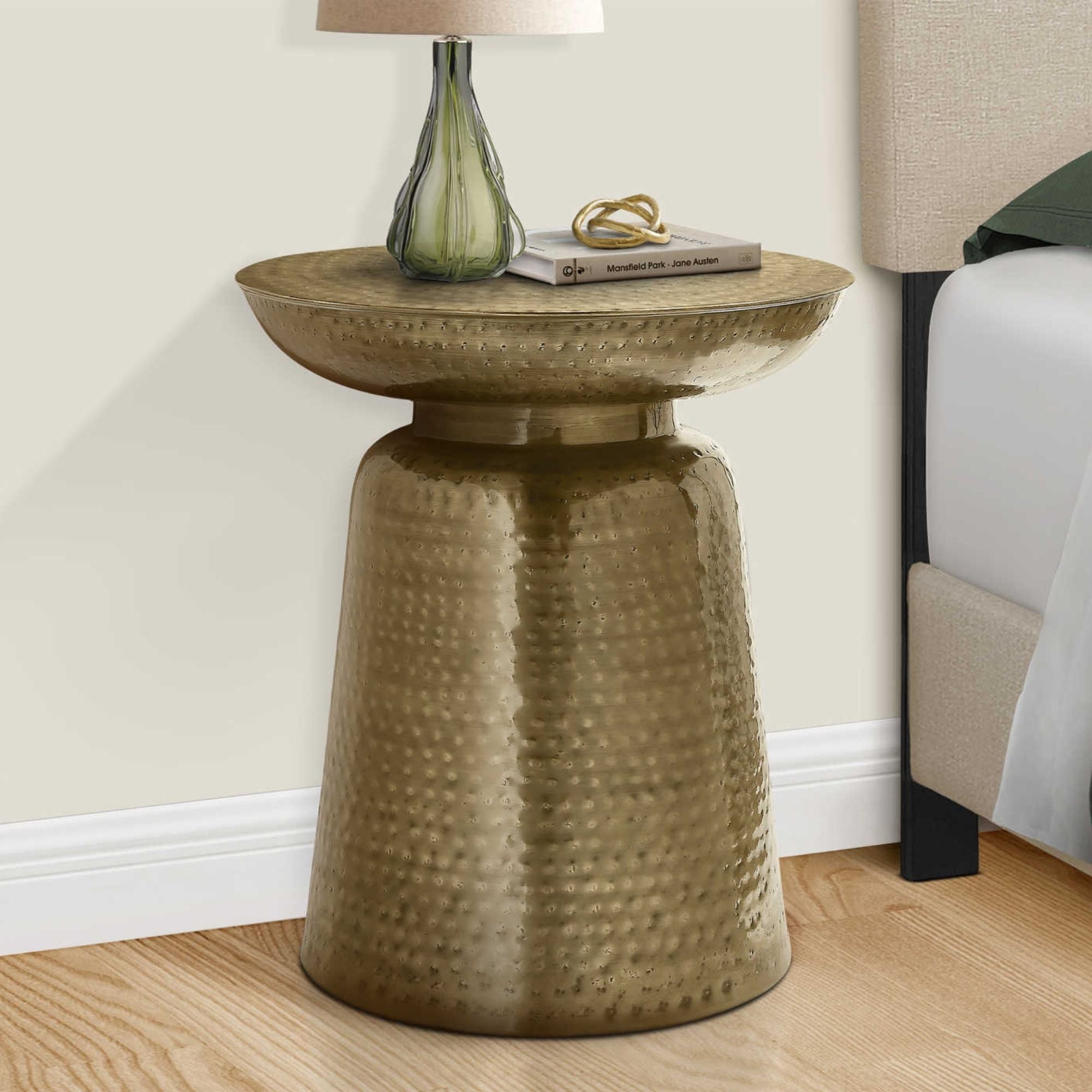 Gold Orvian Accent Table by Monarch Specialties featuring a sleek modern design and a round tabletop with a gold finish.