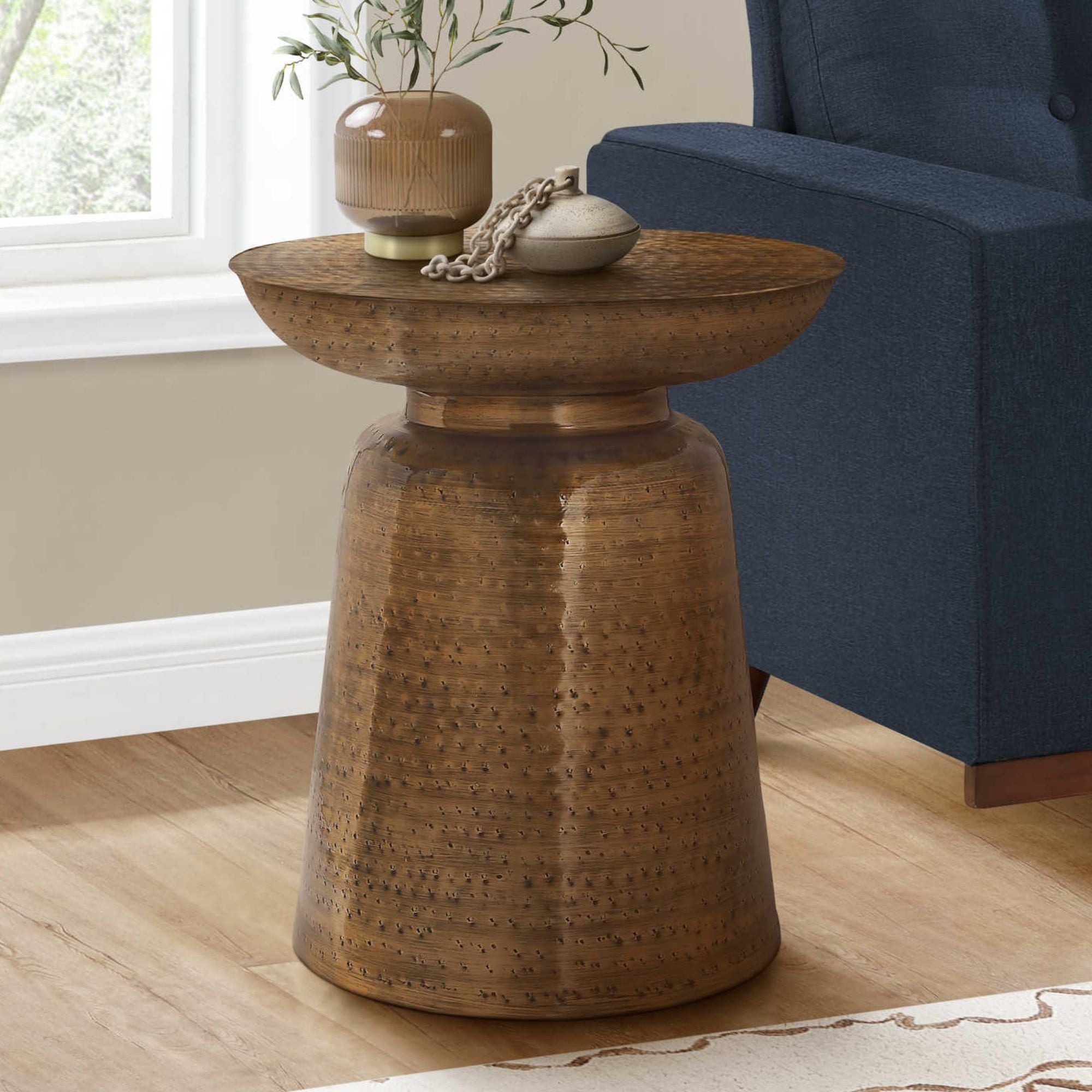 Monarch Specialties Orvian Copper Accent Table with round top and sleek metal legs, modern design for living room decor.