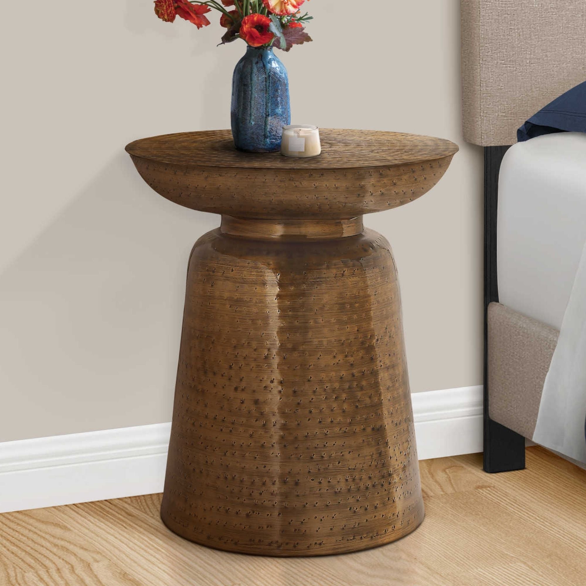 Orvian Copper Accent Table by Monarch Specialties featuring a round surface and sleek metal legs for modern home decor.