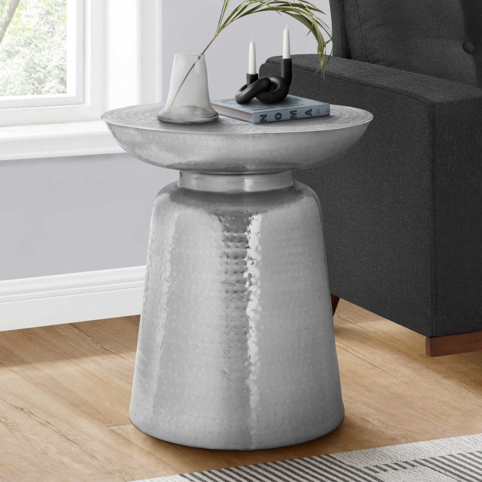 Gray Orvian Accent Table by Monarch Specialties, showcasing a modern design with a smooth surface and sturdy legs.