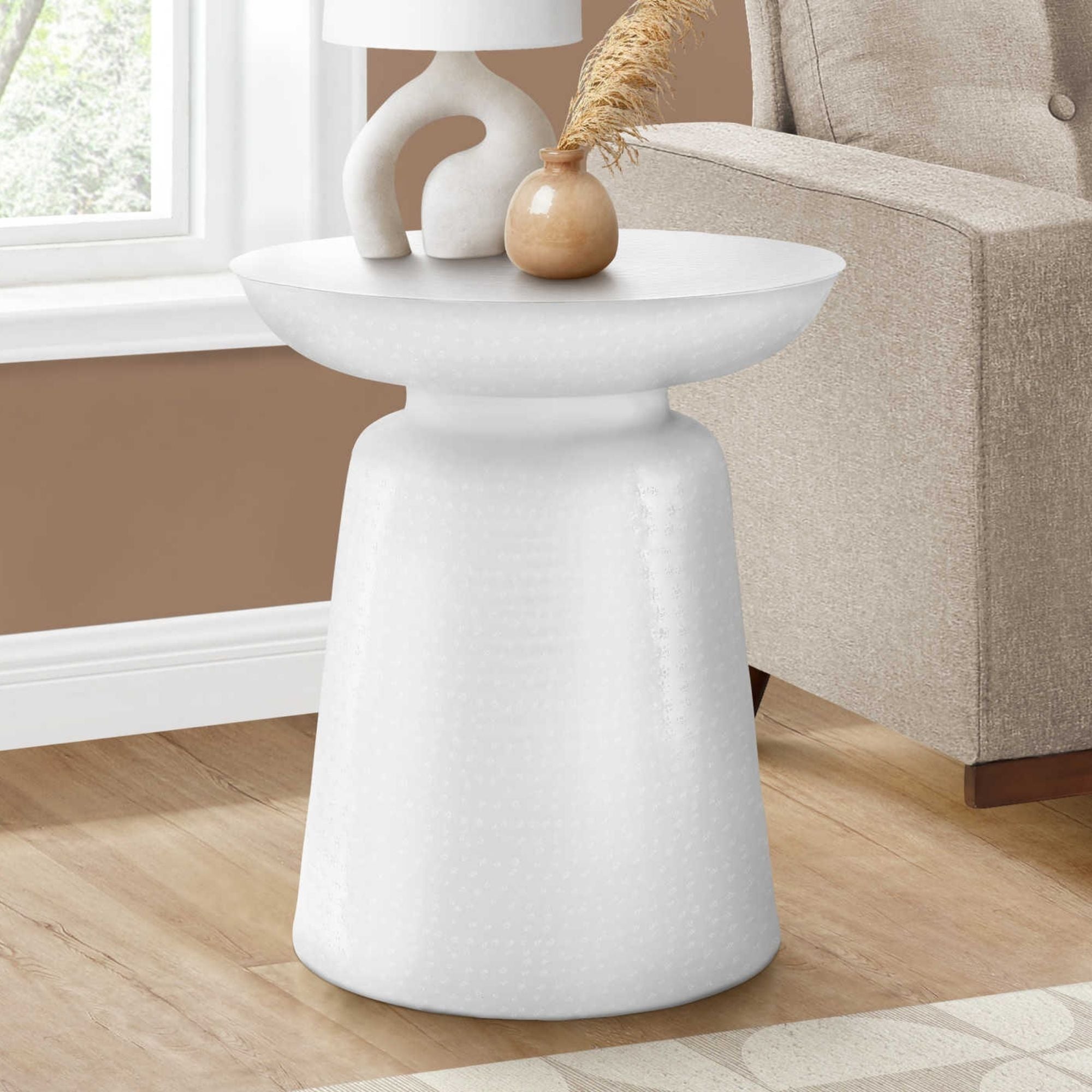 White Orvian Accent Table by Monarch Specialties, featuring a sleek modern design with a smooth surface and sturdy legs.