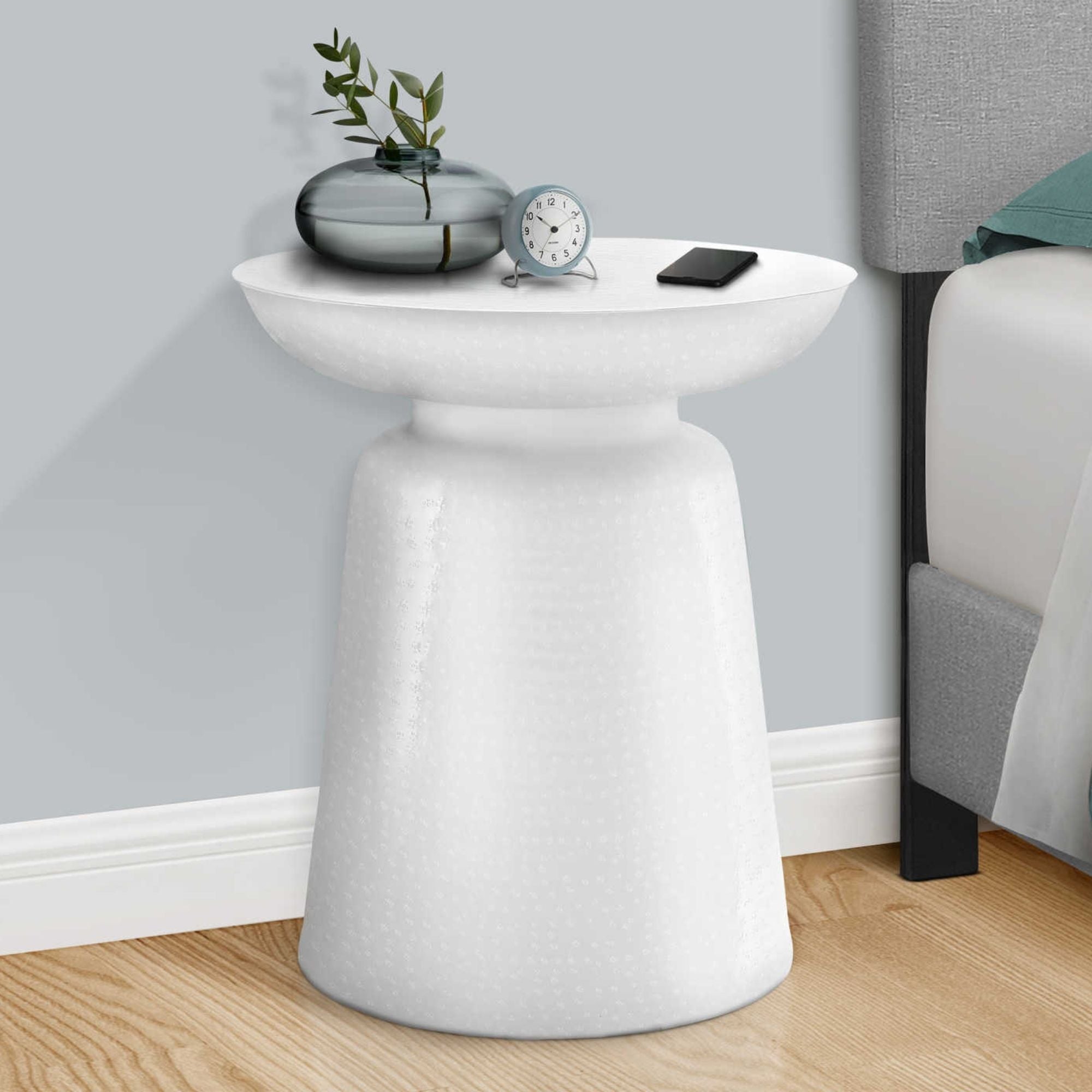 White Orvian Accent Table by Monarch Specialties, showcasing a sleek modern design with a smooth tabletop and sturdy base.