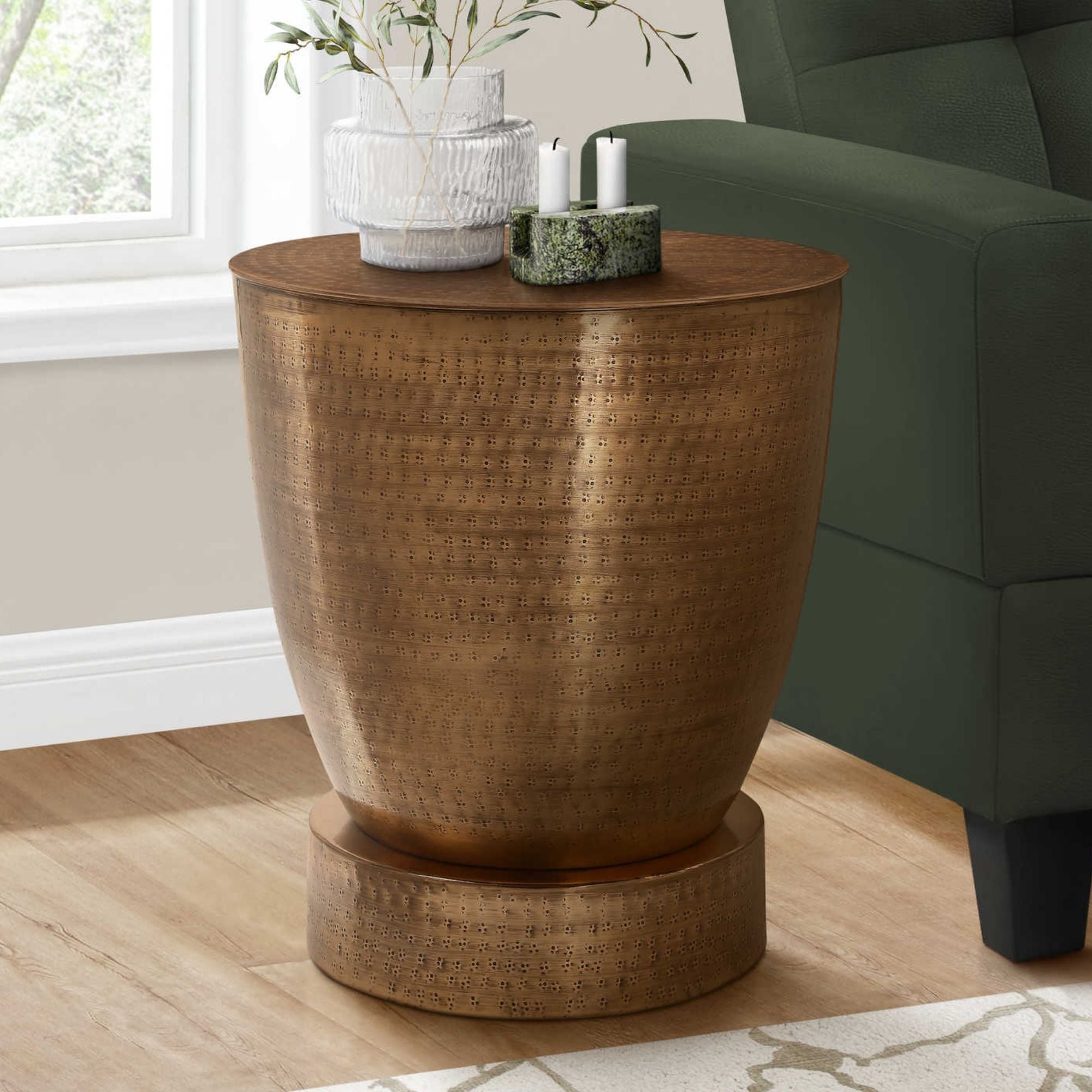Avelon copper accent table by Monarch Specialties featuring a round tabletop and sleek metal legs.
