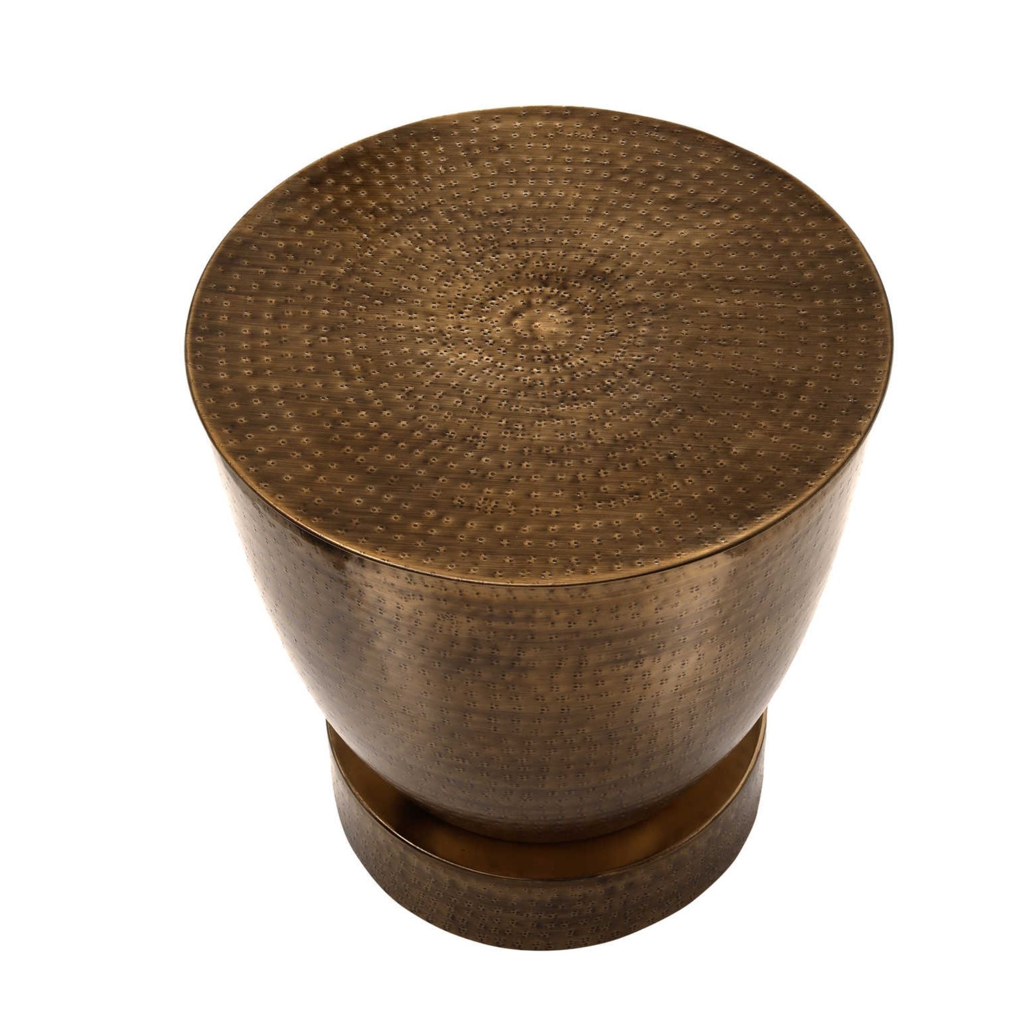 A Monarch Specialties Avelon Copper Accent Table with a sleek round top and modern metal base, suitable for living room decor.