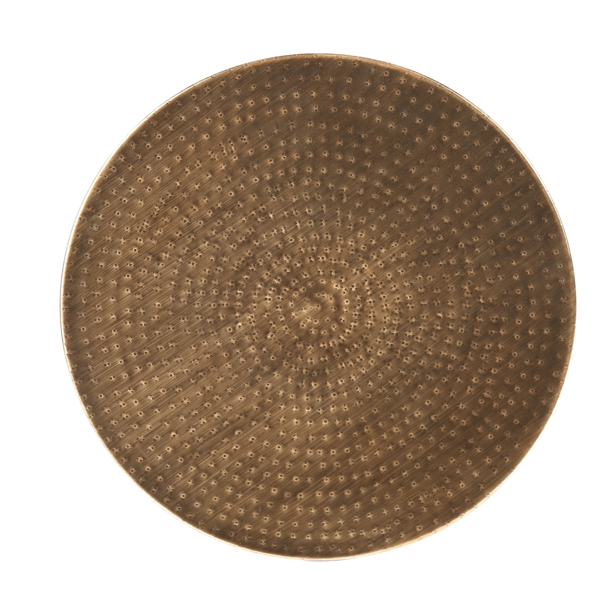 A Monarch Specialties Avelon Copper Accent Table with sleek round surface and modern design, perfect for stylish living spaces.