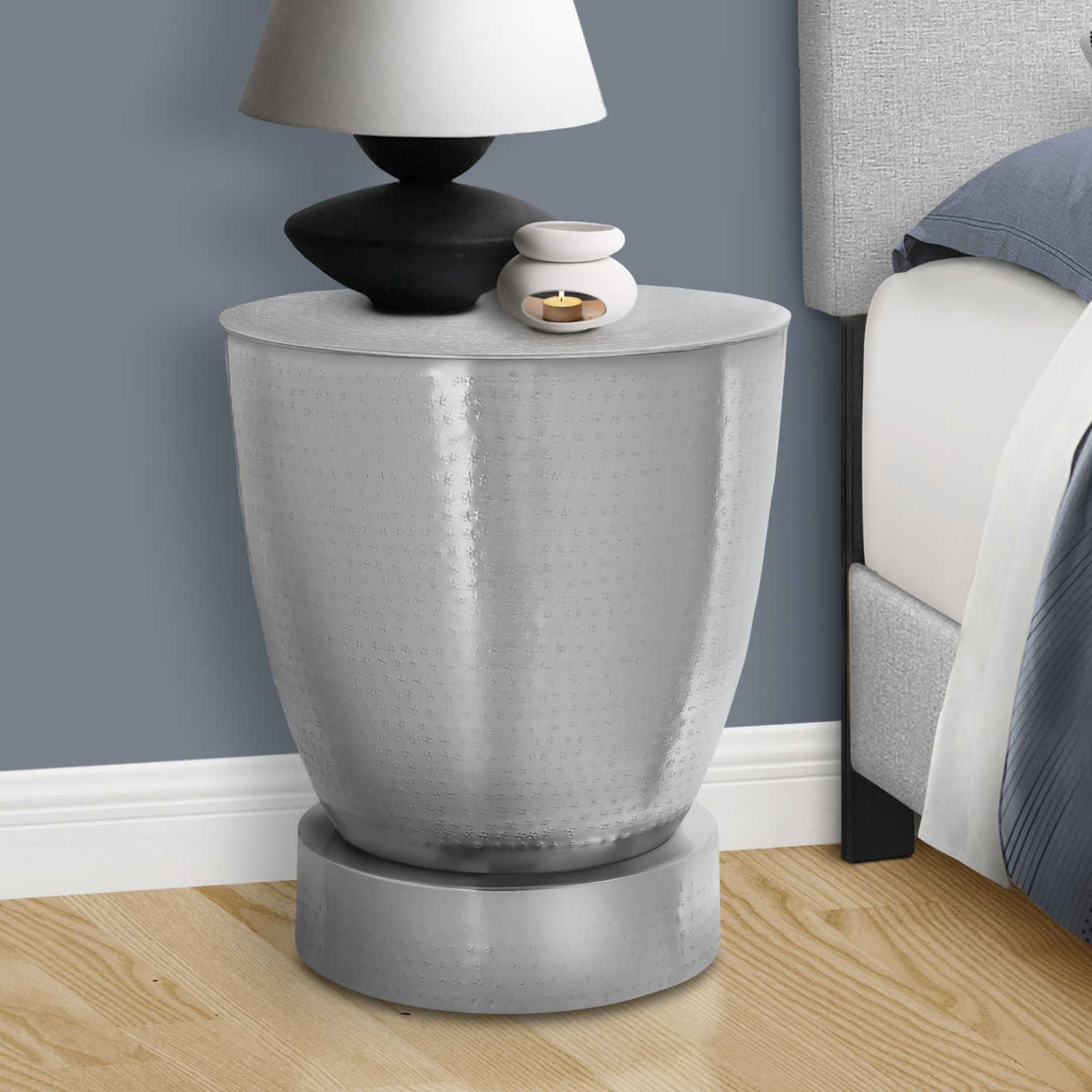 Gray Avelon Accent Table by Monarch Specialties, showcasing its sleek design and modern style in a contemporary living space.