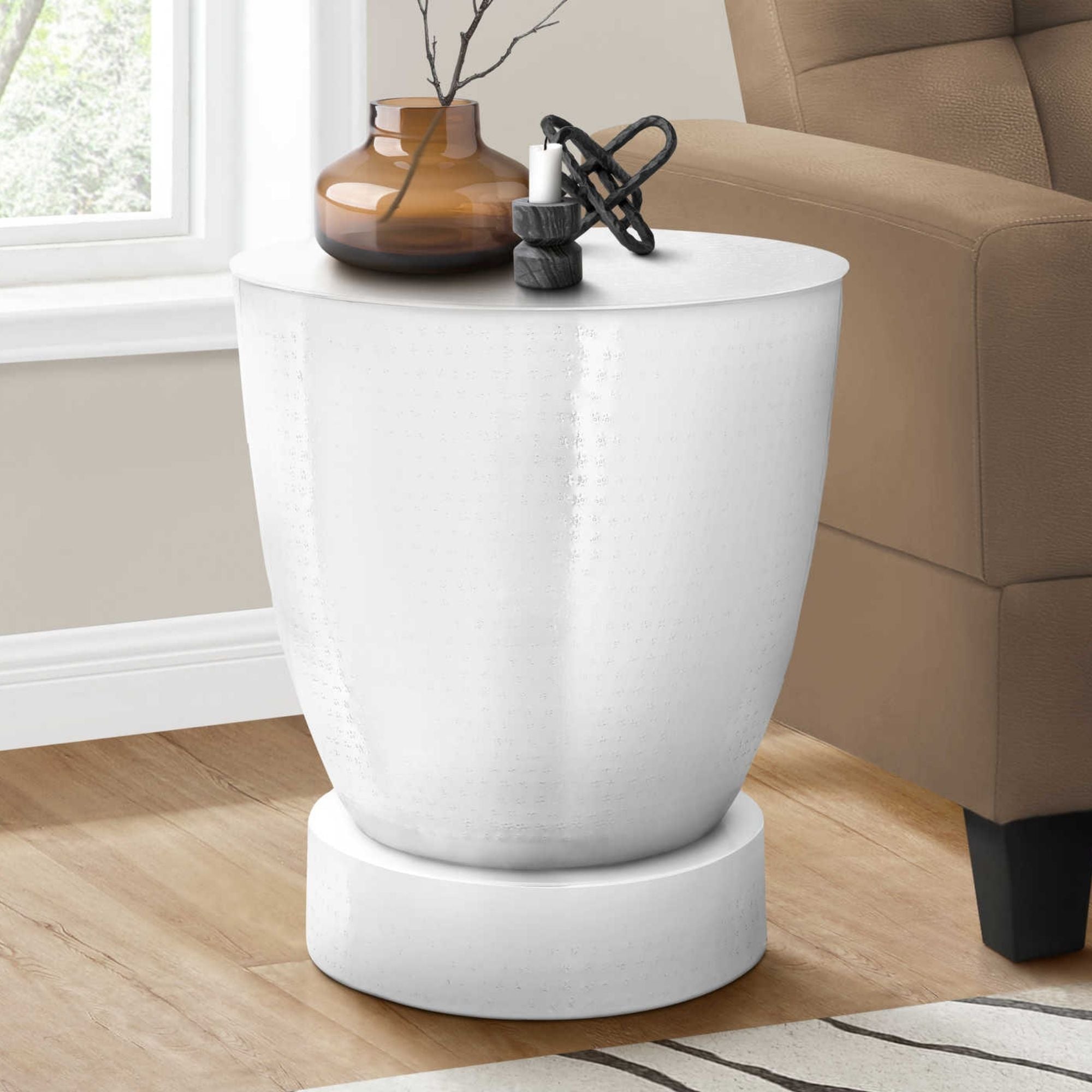 White Avelon Accent Table by Monarch Specialties featuring a sleek, modern design with a smooth tabletop and sturdy base.