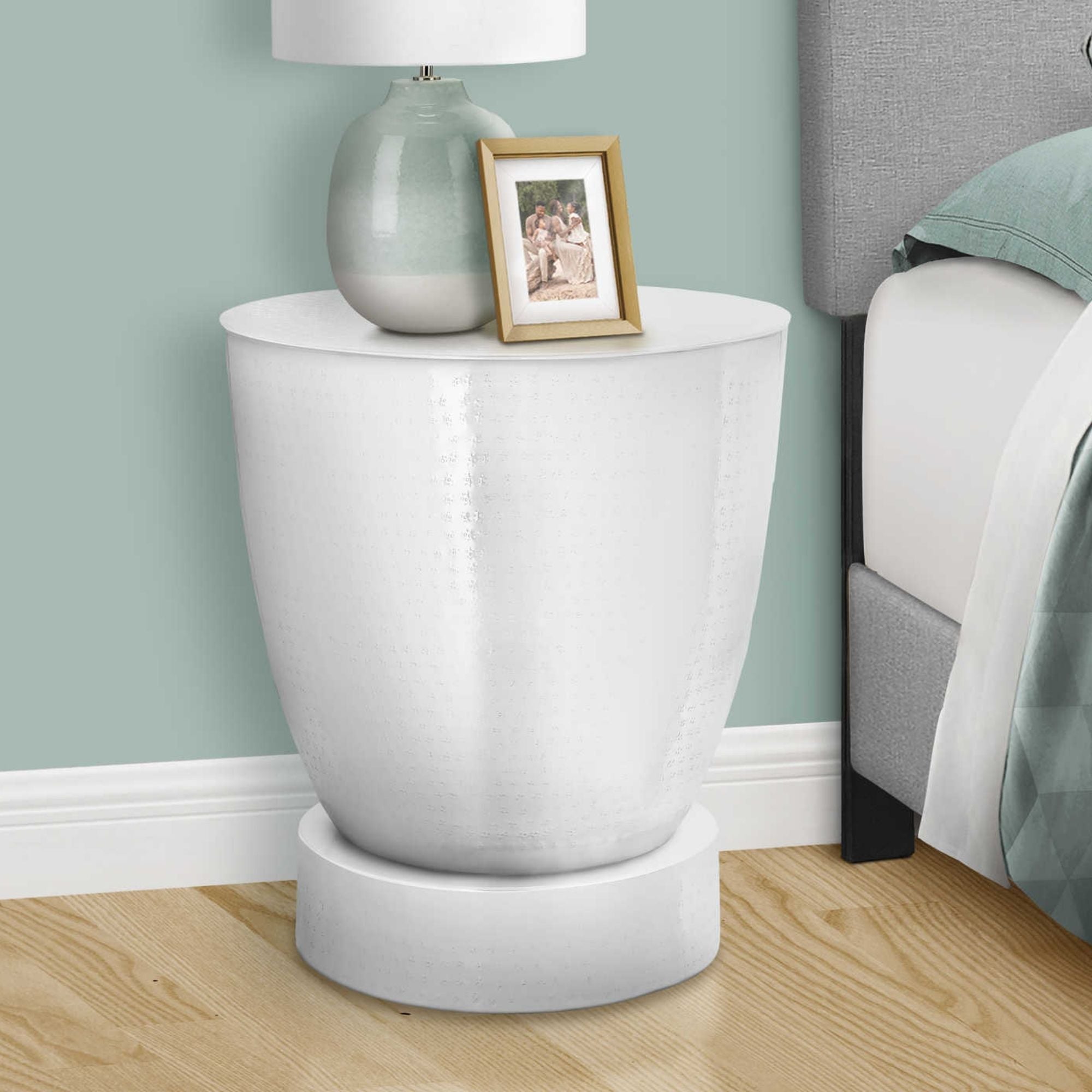 White Avelon Accent Table by Monarch Specialties with a sleek modern design and smooth surface.