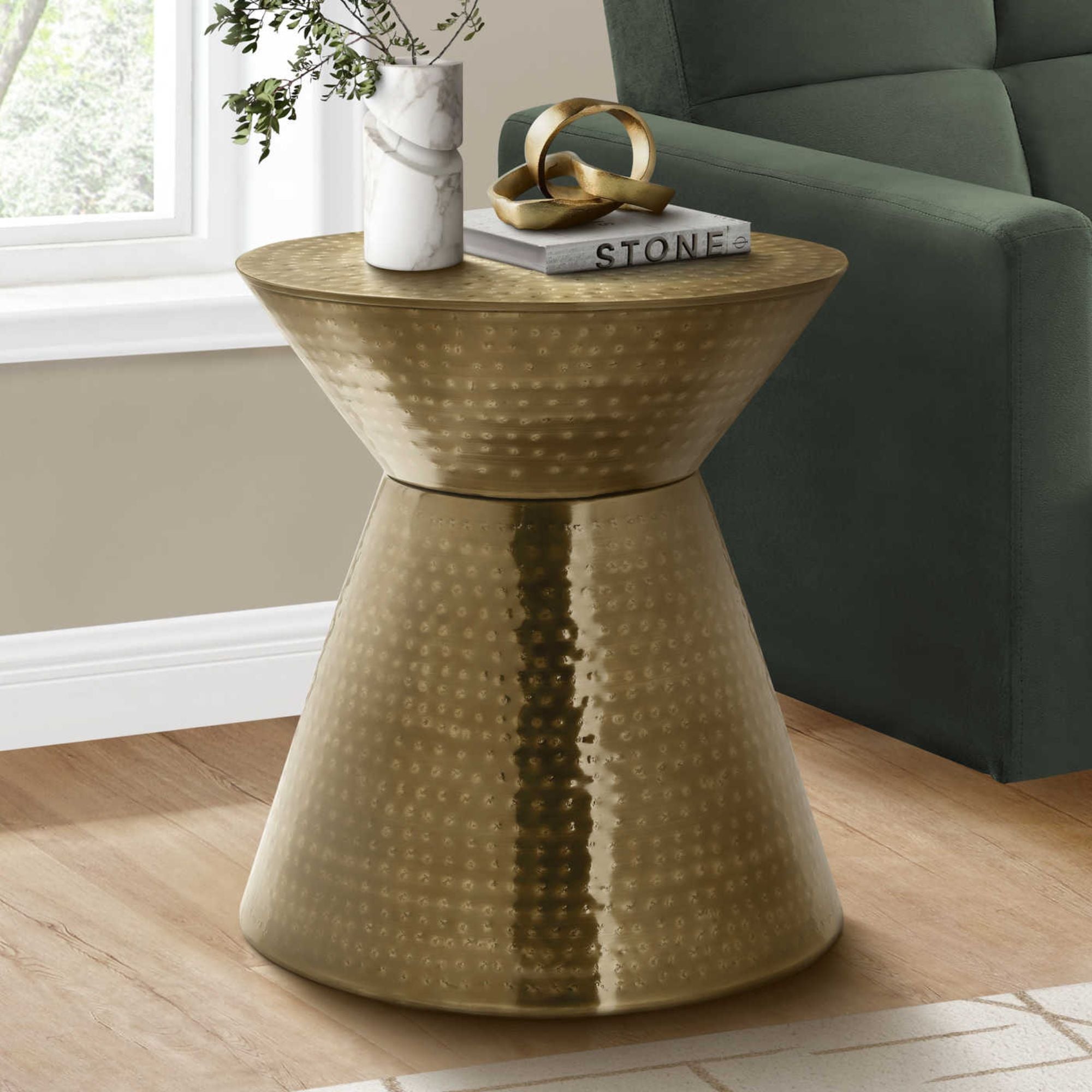 Gold Luxen Accent Table by Monarch Specialties, featuring a sleek modern design with a round top and sturdy base.