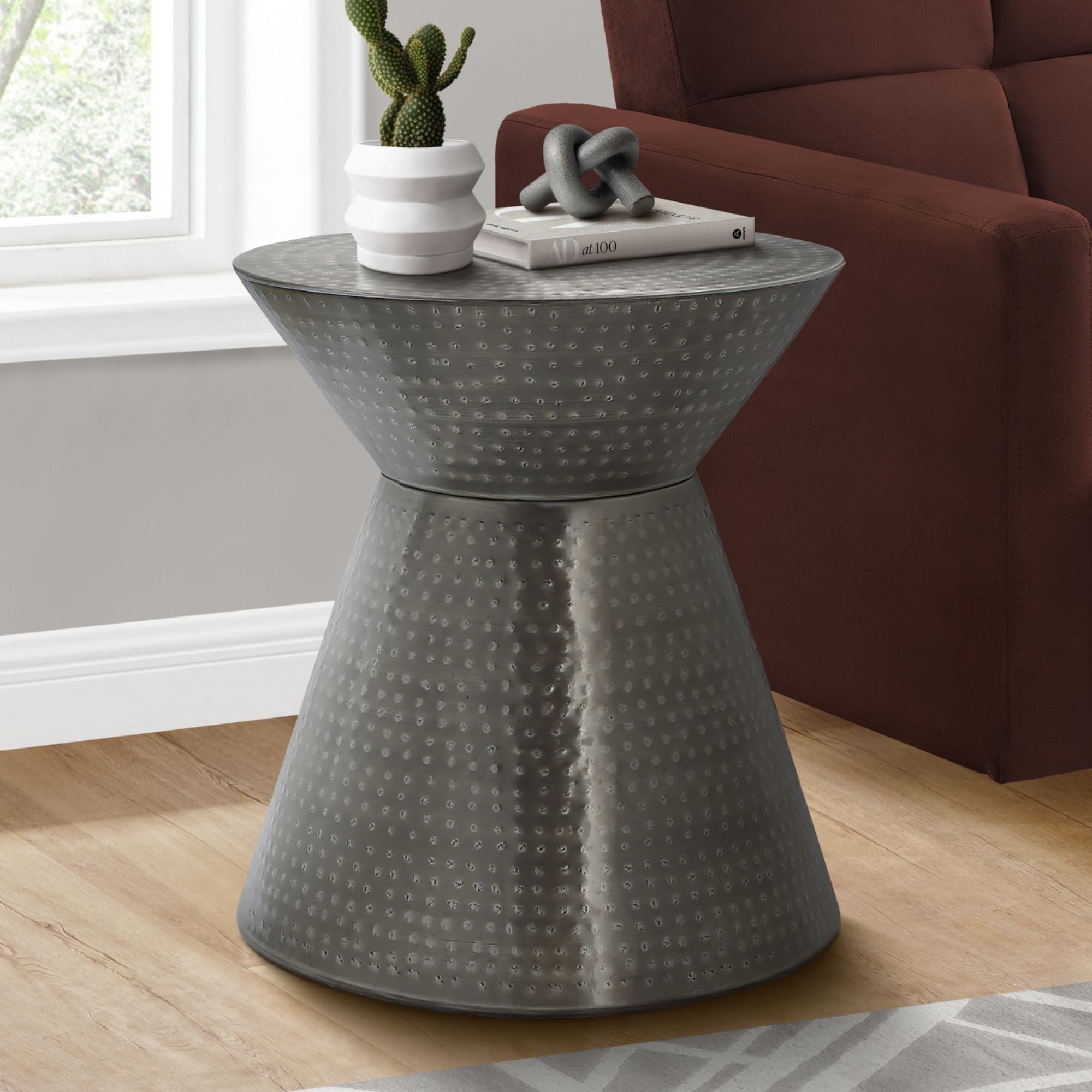 Monarch Specialties Luxen Accent Table in grey with a sleek, modern design, showing the smooth tabletop and stylish legs.