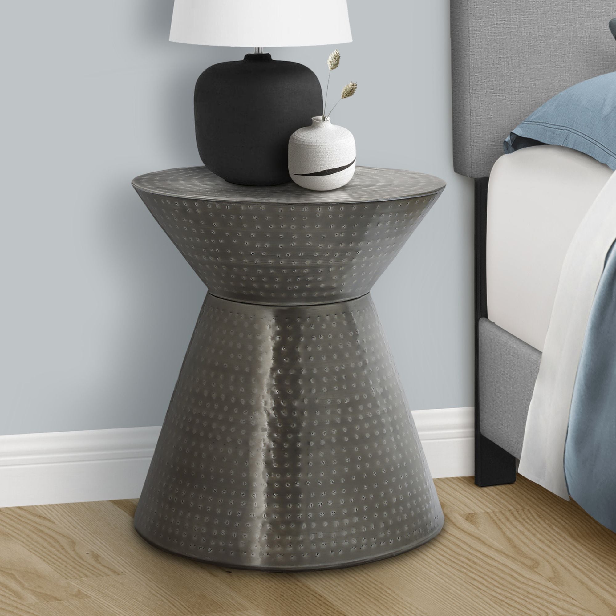 Grey Luxen Accent Table by Monarch Specialties, showcasing a modern design with a smooth surface and sturdy legs.